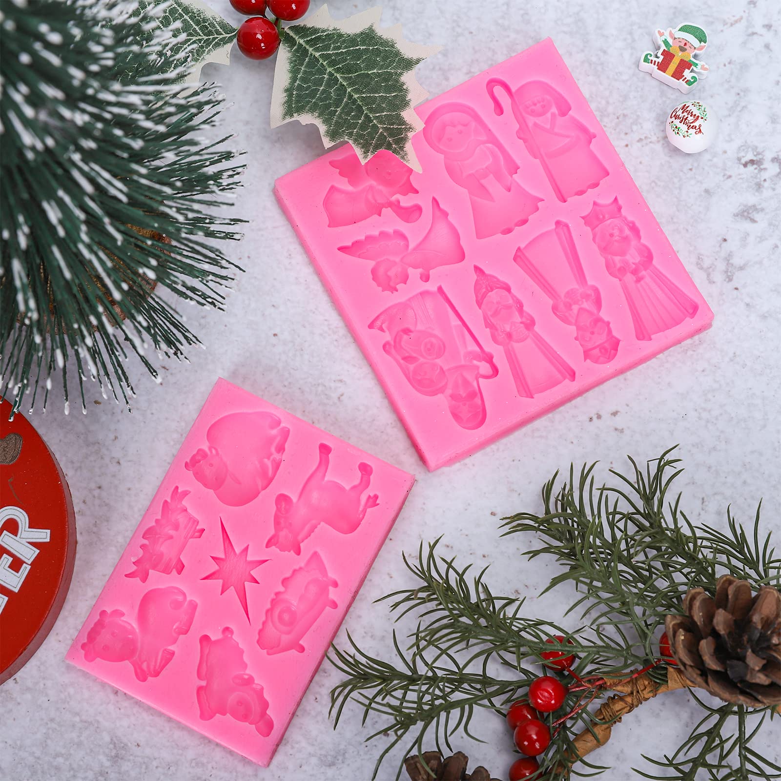 Whaline 2-Piece Christmas Nativity Silicone Mold Set - Jesus Birth Scene Fondant & Resin Baking Molds for Cake Decorating, DIY Candy, Chocolate & Cookie Making - Perfect for Holiday Baking, Christmas Party Treats & Festive Home Decor