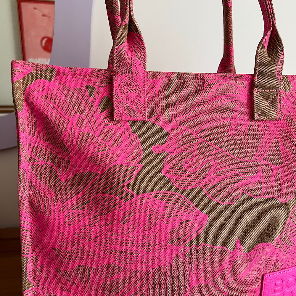 Large Bon Vivant Tote Bag - Stylish Neon Pink & Tan Floral Print - Perfect for Beach, Shopping & Everyday Use
