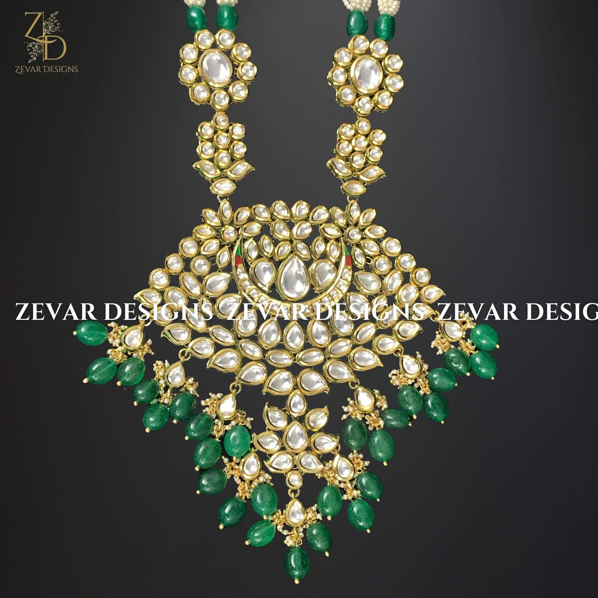 Kundan Long Necklace Set with Tikka & Oversize Pendant - Emerald Green Jewelry for Weddings, Parties & Special Occasions