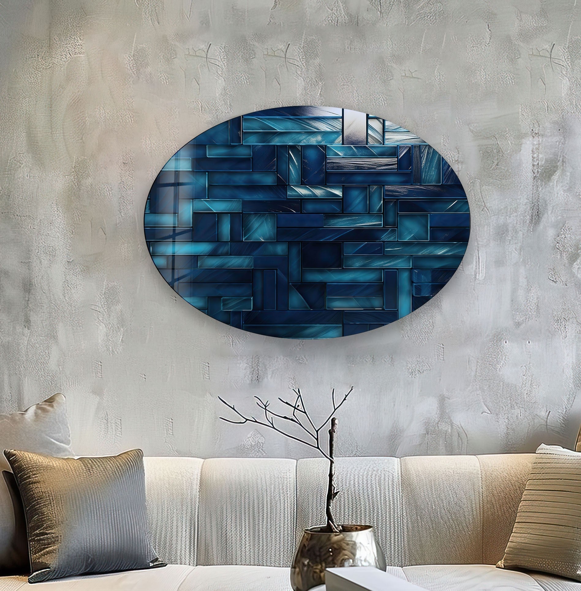 Asymmetric Oval Blue Lines Glass Wall Art - Modern Abstract Home Decor for Living Room, Bedroom, Office - Handmade Glass Wall Sculpture for Unique Interior Design