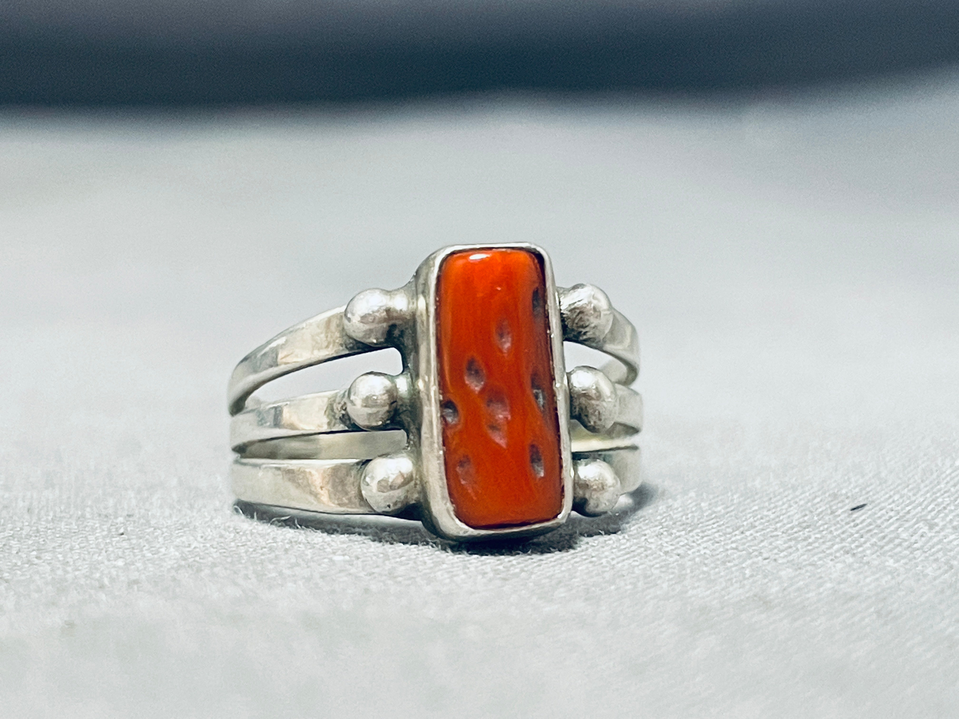 Vintage Native American Navajo Coral Sterling Silver Ring - Handmade Southwest Jewelry for Women, Perfect for Boho & Tribal Fashion, Weddings & Special Occasions