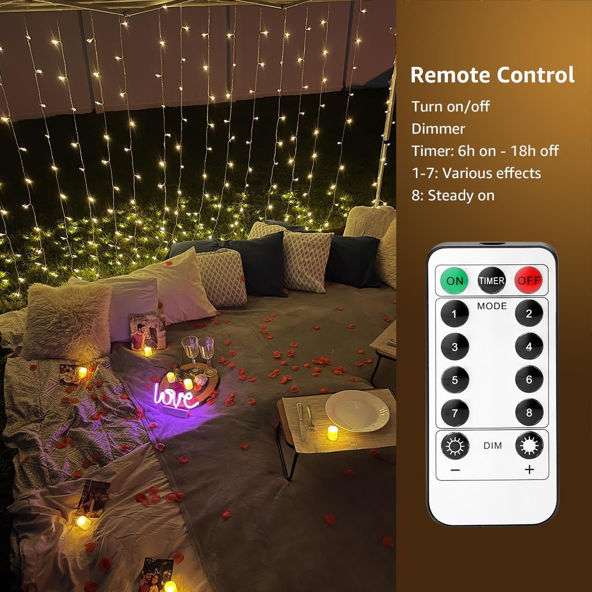 LE Fairy Curtain Lights - 300 LED Battery & USB Powered String Lights with Remote, 10x10ft Indoor/Outdoor Hanging Lights for Bedroom, Wedding, Party Backdrop, Tent, Patio & Gazebo - Perfect for Romantic Ambiance, Holiday Decorations and Outdoor Entertaining