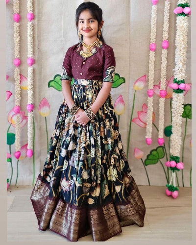 Maroon & Navy Blue Printed Zari Silk Kids Skirt and Blouse Set | Traditional Indian Ethnic Wear for Girls | Perfect for Festivals, Weddings & Special Occasions
