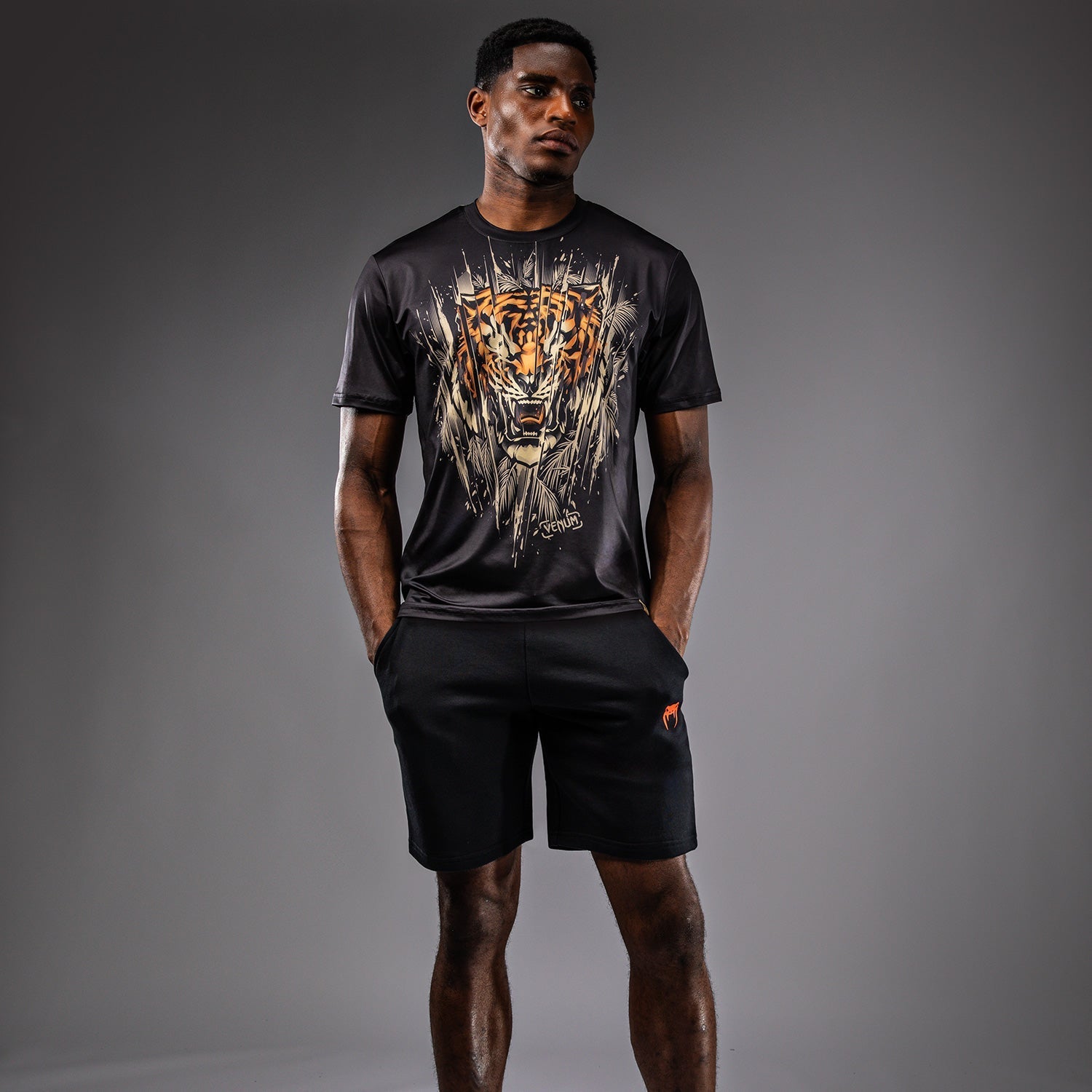 Venum Tiger Men's Dry Tech Performance T-Shirt - Moisture Wicking, Breathable & Lightweight (Black/Neon Orange) - Ideal for MMA Training, Gym Workouts & Casual Wear