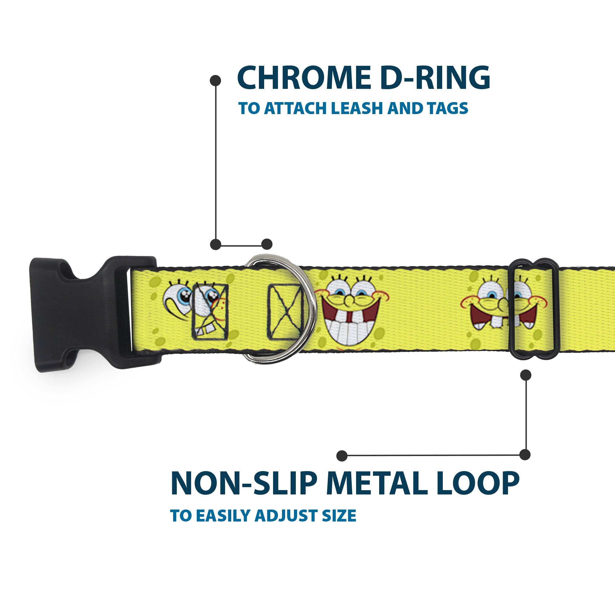 Buckle-Down Spongebob Expressions Dog Collar - 1.5 Inch Wide Adjustable Nylon Pet Collar (13-18 Inches) - Fun Cartoon Design for Small to Medium Dogs - Perfect for Daily Walks & Costume Parties