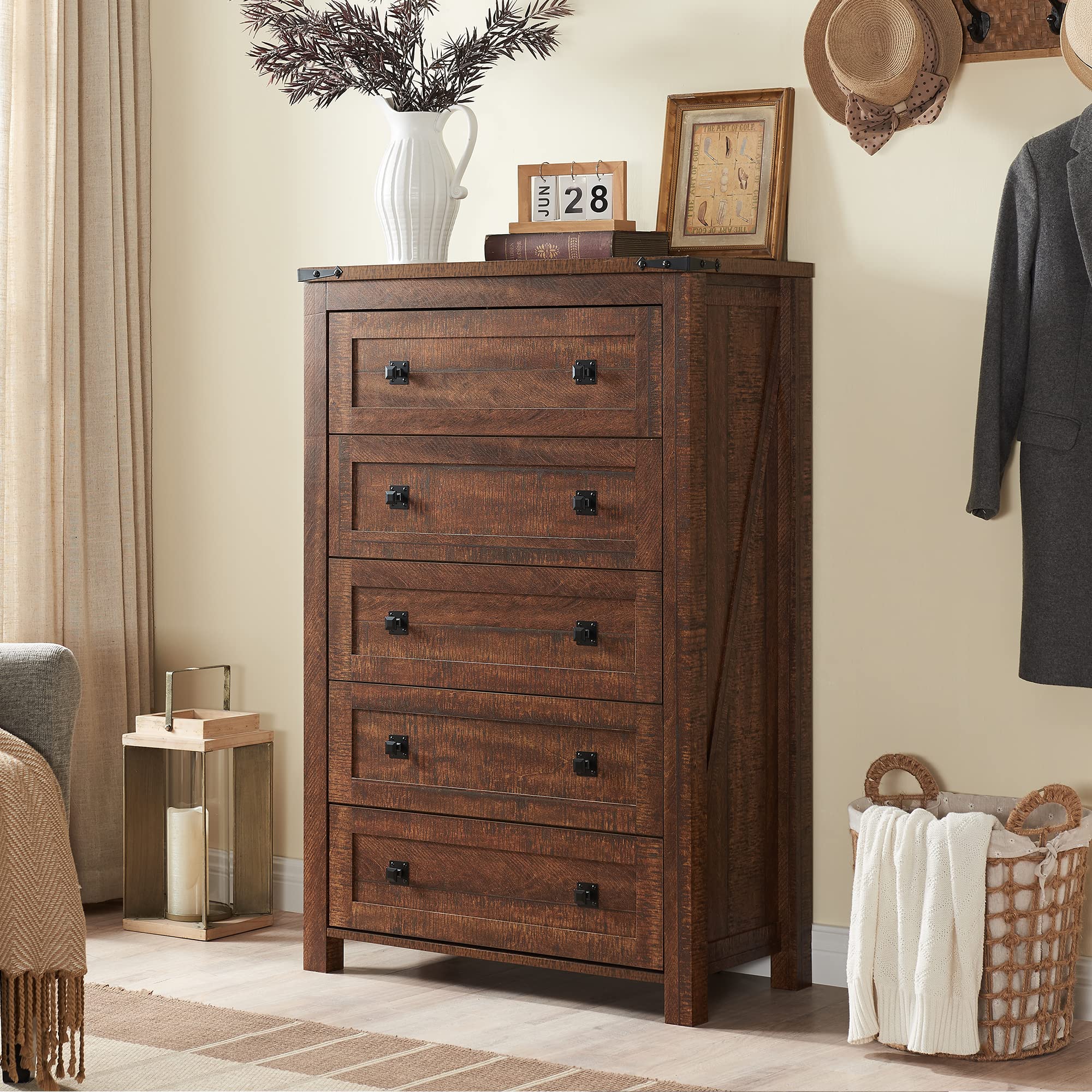 Rustic Farmhouse 5-Drawer Wood Dresser - Reclaimed Barnwood Chest Organizer for Bedroom, Living Room & Hallway | Perfect for Storage, Home Decor & Small Space Organization
