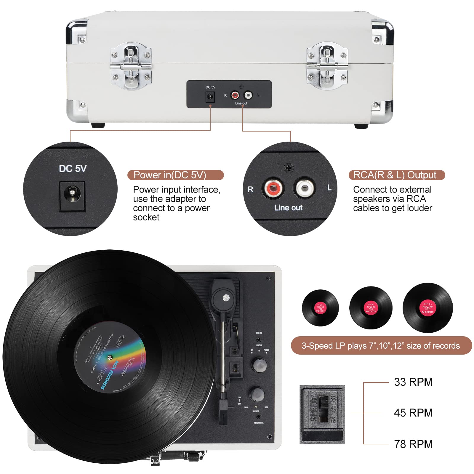 Mersoco 3-Speed Wireless Bluetooth Turntable with Built-in Speakers, RCA Output & AUX Input - Perfect for Home, Office, and Vintage Music Lovers