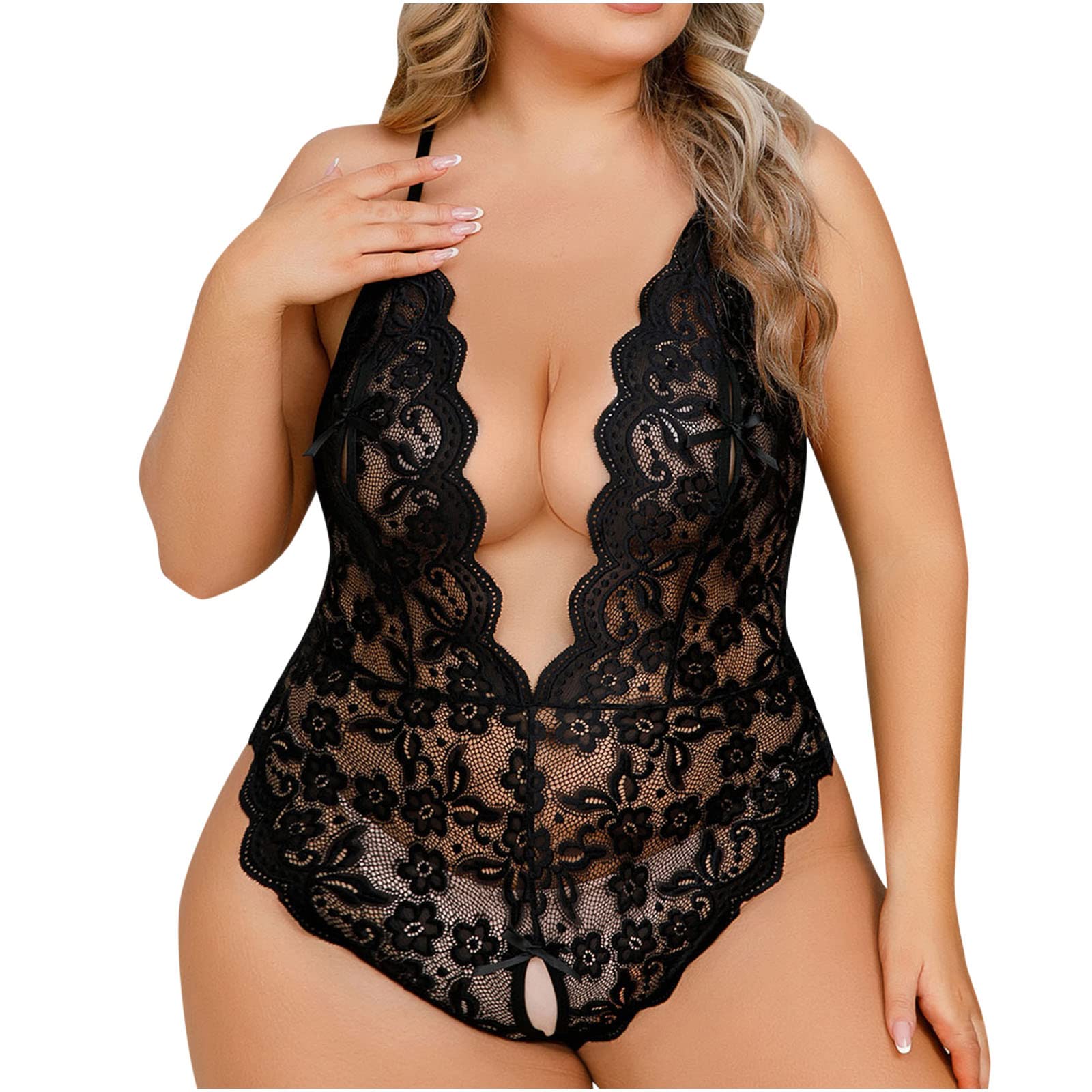 Plus Size Lingerie for Women - Sexy Halter V-Neck Babydoll Bodysuit with Exotic Lace & Crotchless Design | Romantic Boudoir, Valentine's Gift & Special Occasion Nightwear