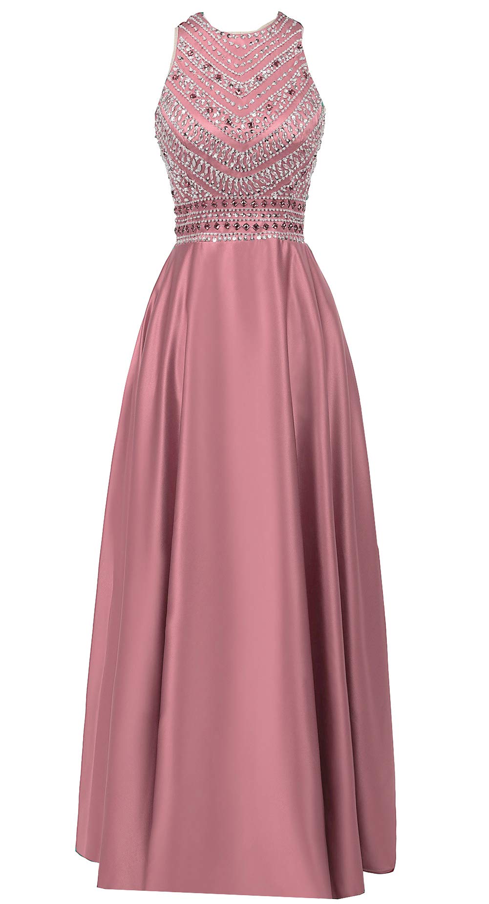 Elegant Women's Satin Beaded Prom Dress - A-Line Long Formal Evening Gown with Pockets in Blush Pink | Perfect for Homecoming, Prom Night, Wedding Guest & Special Occasions