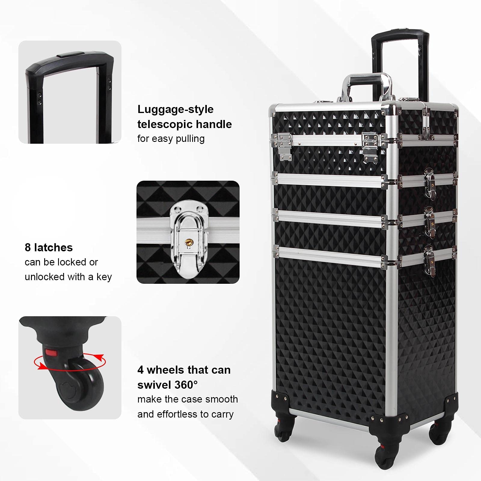 4 in 1 Professional Makeup Train Case with Large Storage - Lockable 4-Wheel Rolling Cosmetic Trolley with Diamond Surface (Black) | Perfect for Salon Professionals, Makeup Artists & Travel Organization