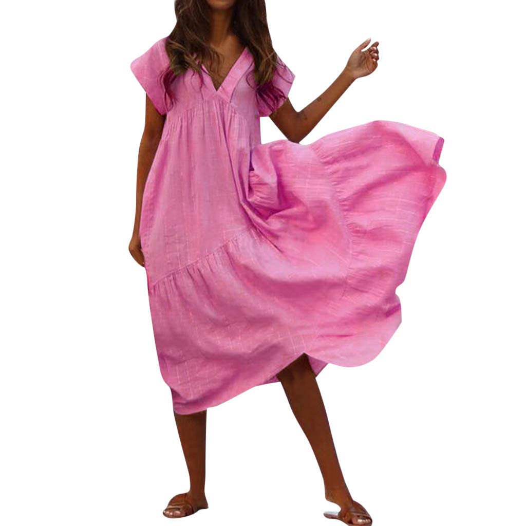 Women's Summer Sundresses - Casual V-Neck Short Sleeve Solid High Waist Loose Flowy Dress with Pockets | Perfect for Beach Vacation, Outdoor Picnic & Summer Party Wear