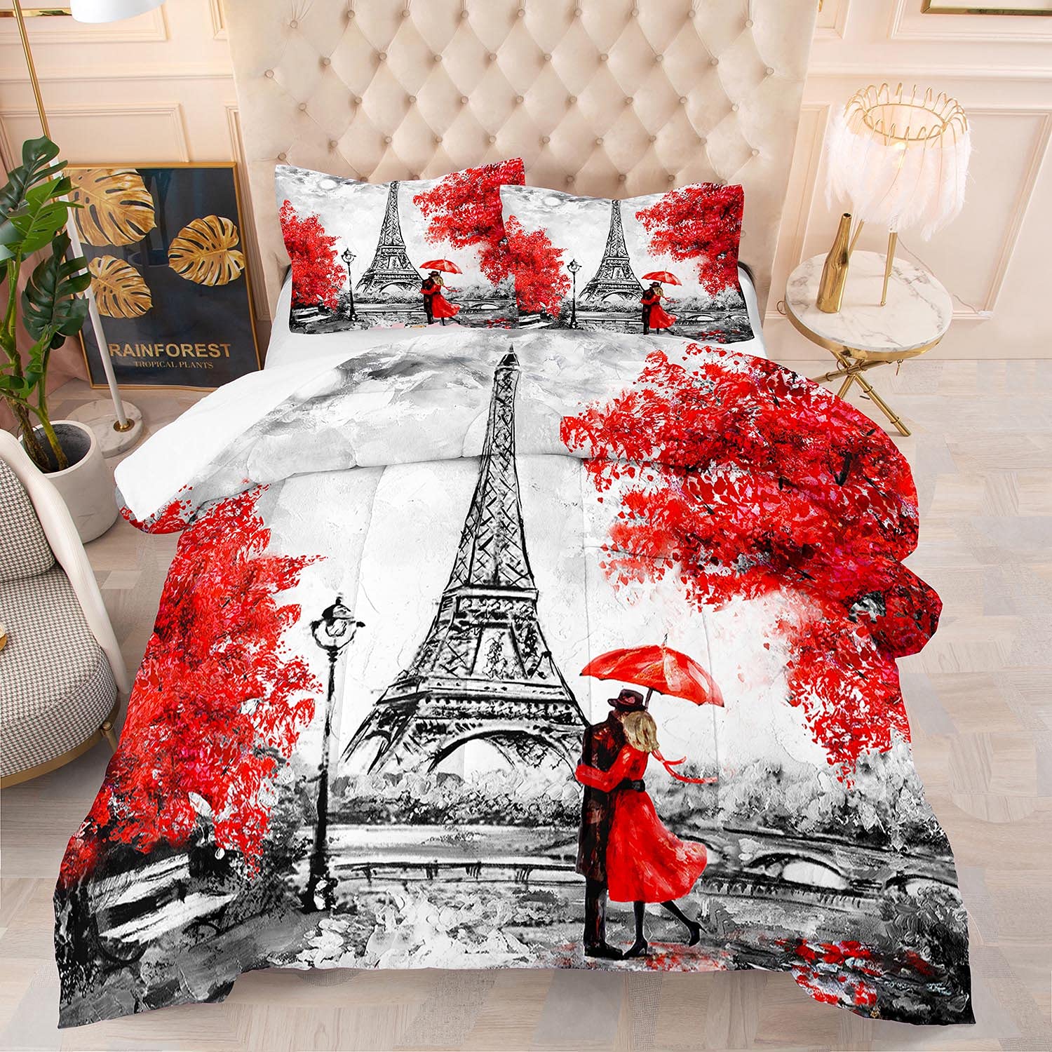 King Size Eiffel Tower Couple Comforter Set - Romantic Paris Themed Bedding with Red Maple Leaf Autumn Design, Quilted Duvet Cover for Women & Girls (Includes 1 Comforter + 2 Pillowcases) - Perfect for Master Bedrooms, Guest Rooms & Cozy Fall Season Decor