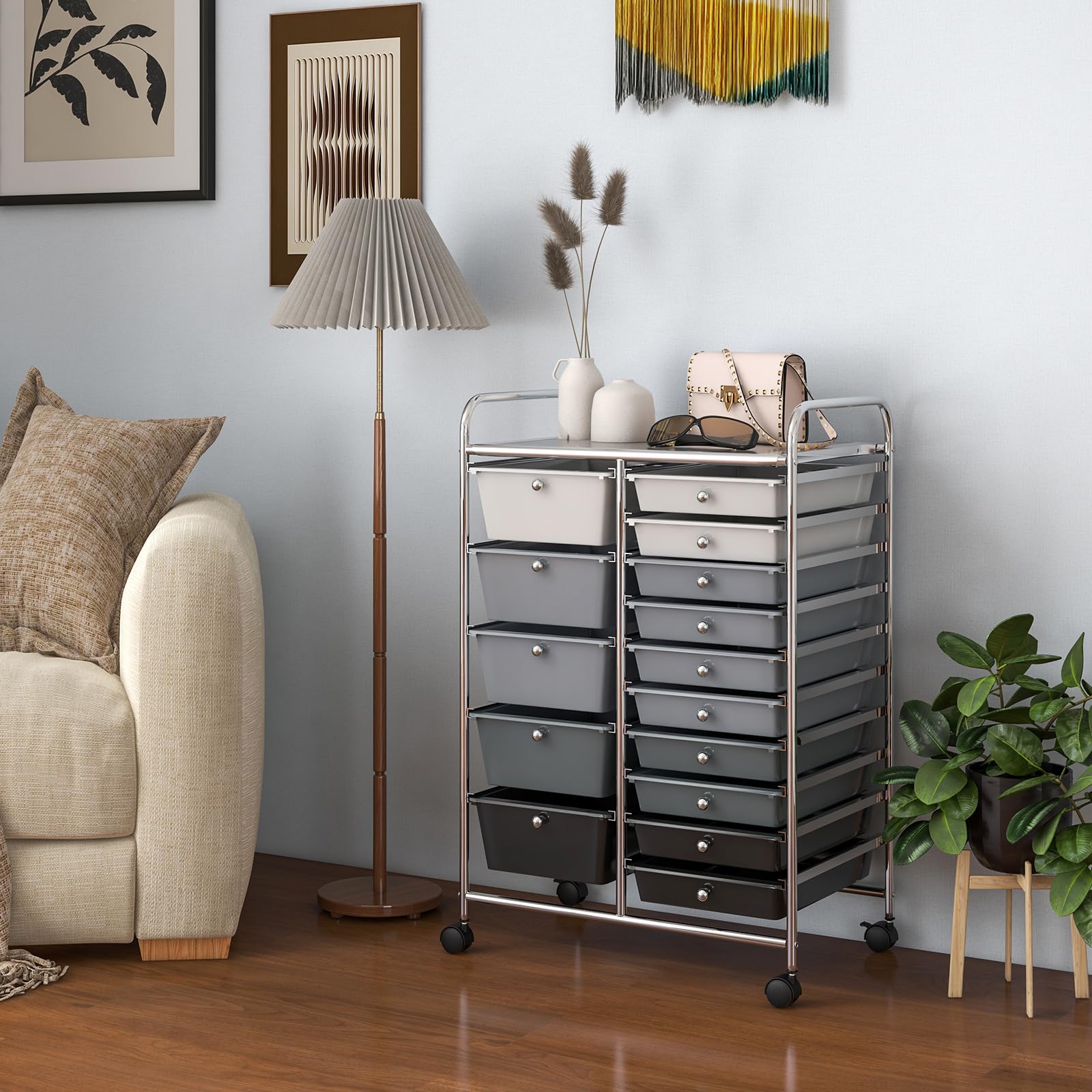 15-Drawer Rolling Storage Cart with Lockable Wheels - Mobile Utility Organizer for Crafts, Tools, Art Supplies - Multipurpose Rolling Cart for Home, Office & School - Ideal for Craft Rooms, Workshops & Classrooms (Mixed Black)