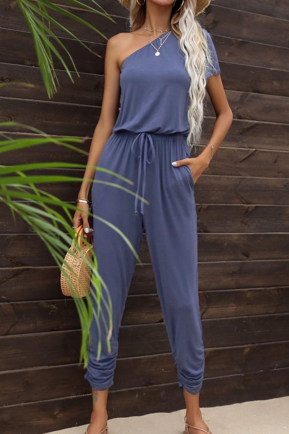 One Shoulder Drawstring Waist Jumpsuit with Pockets - Women's Fashion Romper for Summer, Beach, and Casual Outings