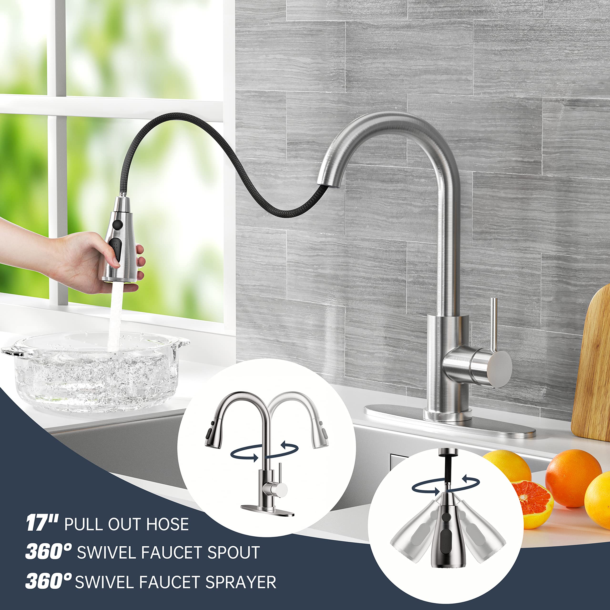 Commercial Stainless Steel Brushed Nickel Kitchen Faucet with Pull-Down Sprayer - High Arc Single Handle Sink Faucet for Bar, Laundry, RV & Farmhouse Use - Durable Deck Mount Design for Modern Kitchens