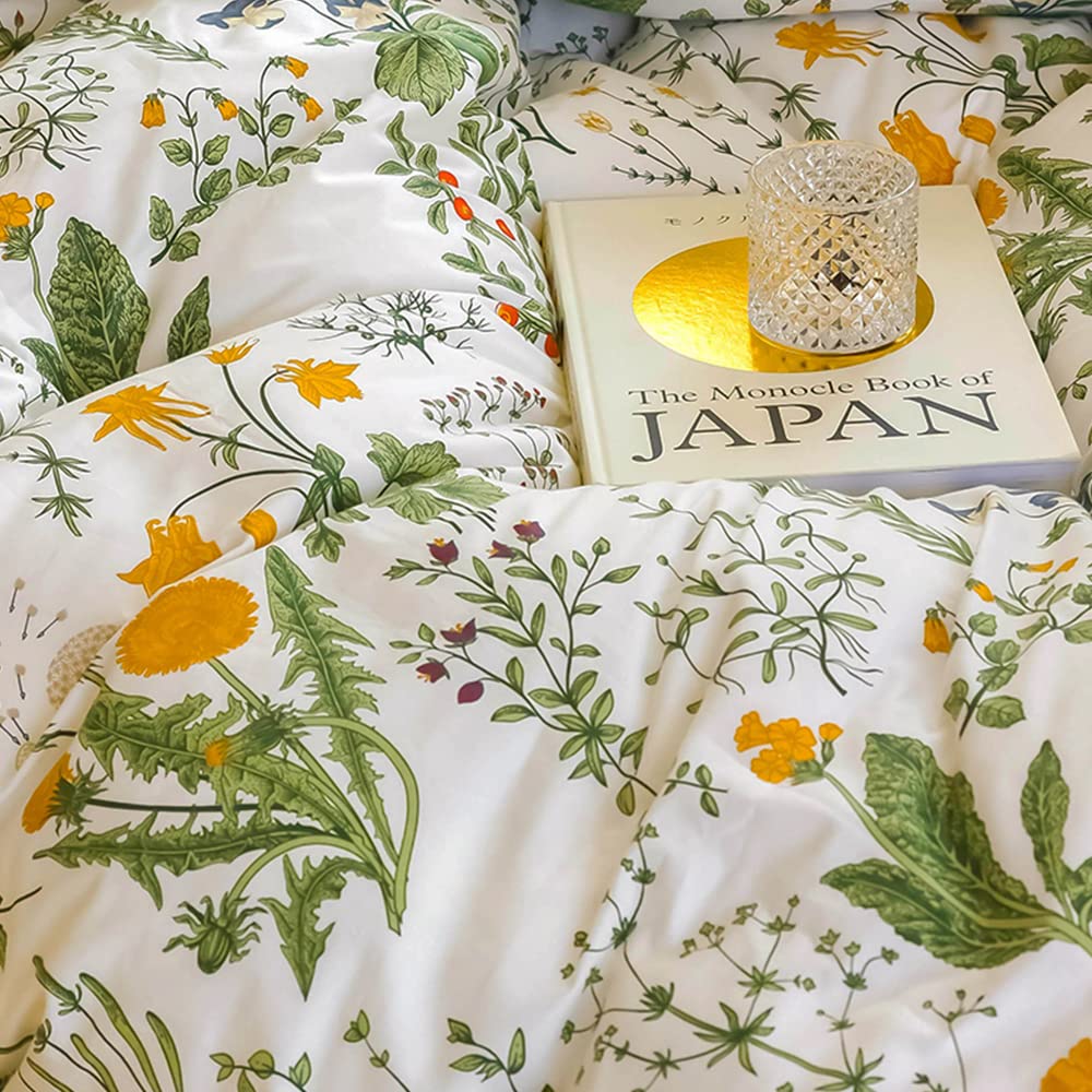 CLOTHKNOW Floral King Size Comforter Set 3Pcs - Green & White Botanical Boho Bedding with 2 Pillowcases | Perfect for Master Bedroom, Guest Room & Bohemian Home Decor