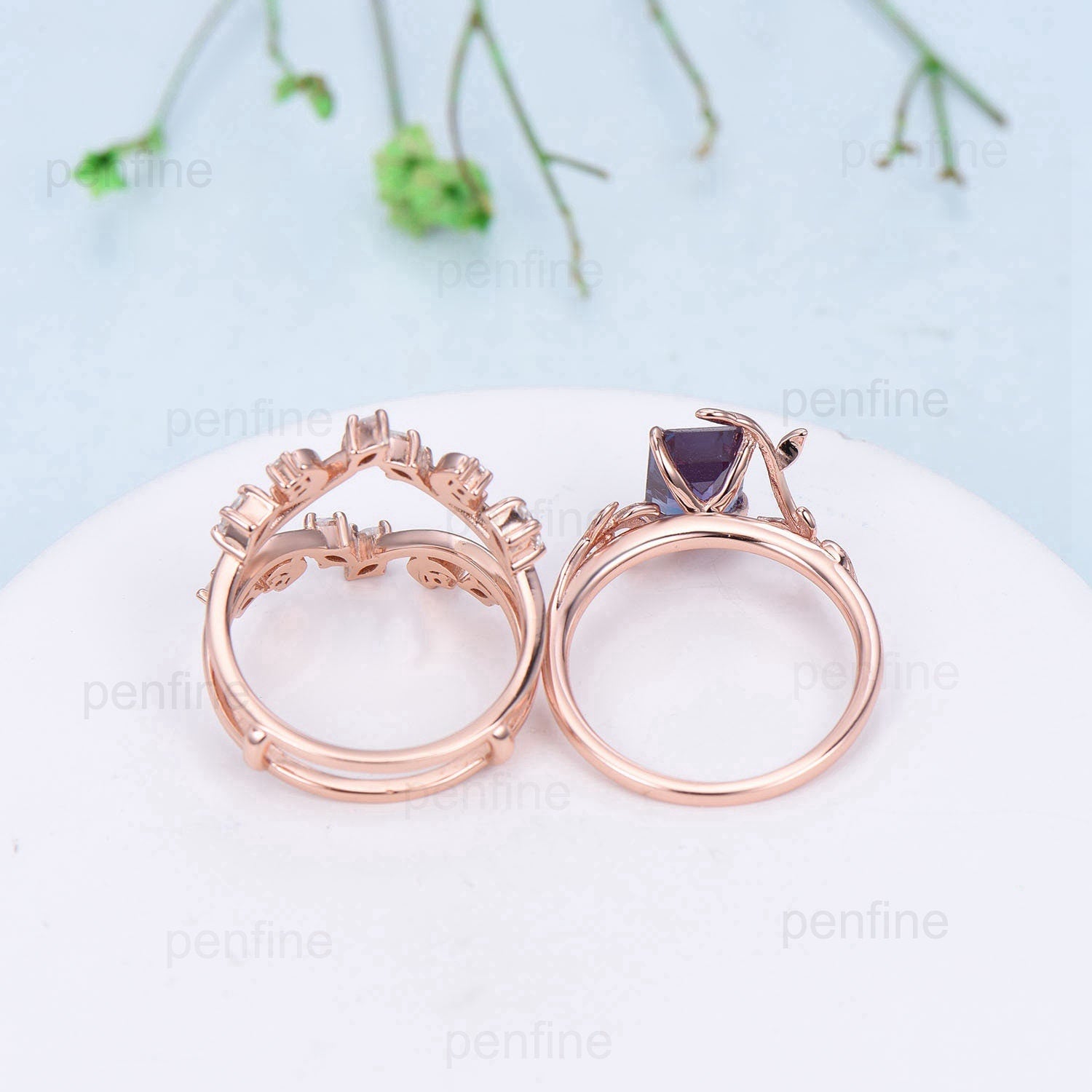 Emerald Cut Alexandrite Engagement Ring Set - Art Deco Style with Moonstone, June Birthstone, Nature-Inspired Leaf Vine Design for Wedding & Bridal Jewelry - Perfect for Proposals, Anniversaries & Special Occasions