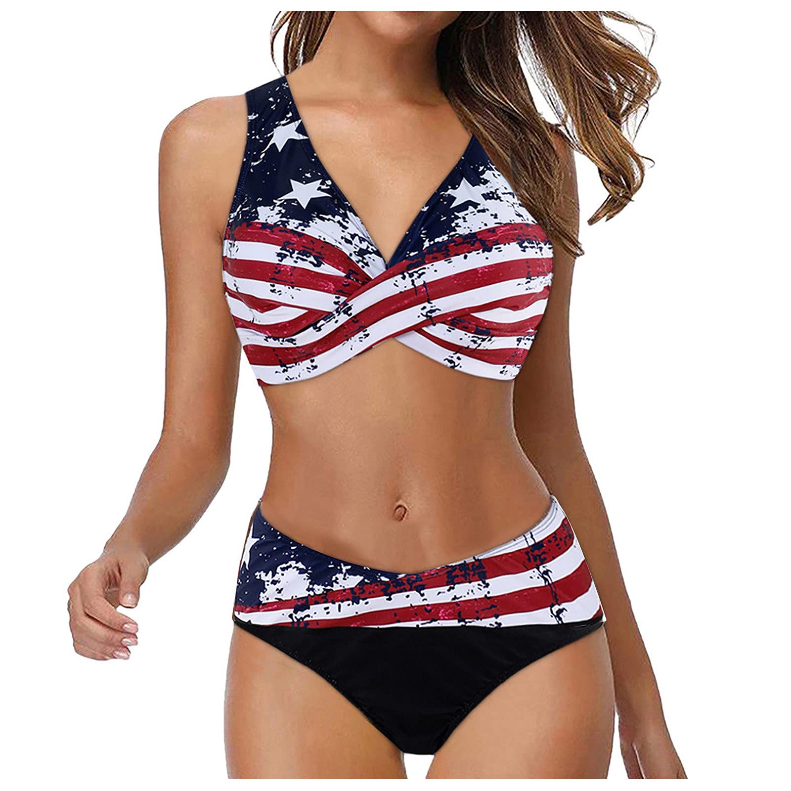 USA Flag Print Women's 2 Piece Swimsuit - High Waist Bikini Set with Scrunch Butt Bottoms | Beach Vacation, Pool Party, Summer Swimwear for Women & Girls