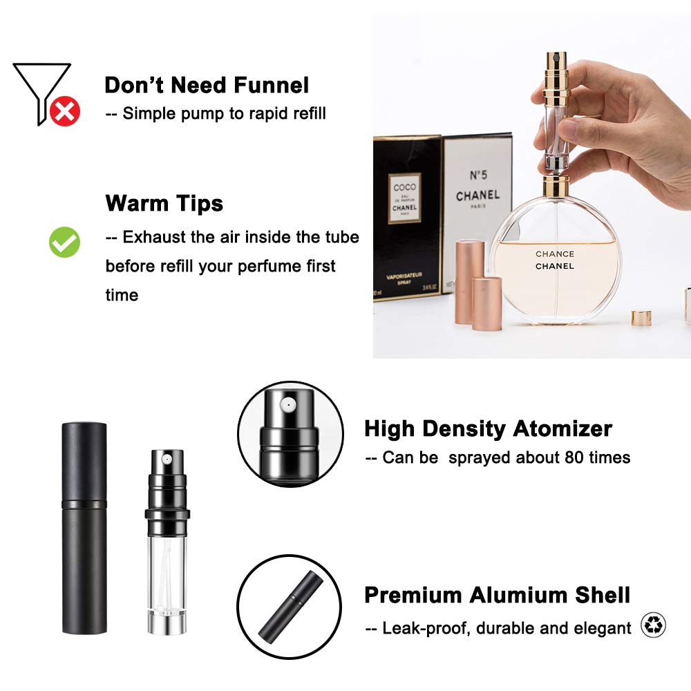 YEEJOK Refillable Travel Perfume Bottle 5ml - Portable Perfume Atomizer Spray Container for Women & Men - Mini Pump Bottle for Flying, Purse, Vacation & Everyday Use - Perfect Travel Essential for On-the-Go Fragrance Touch-ups