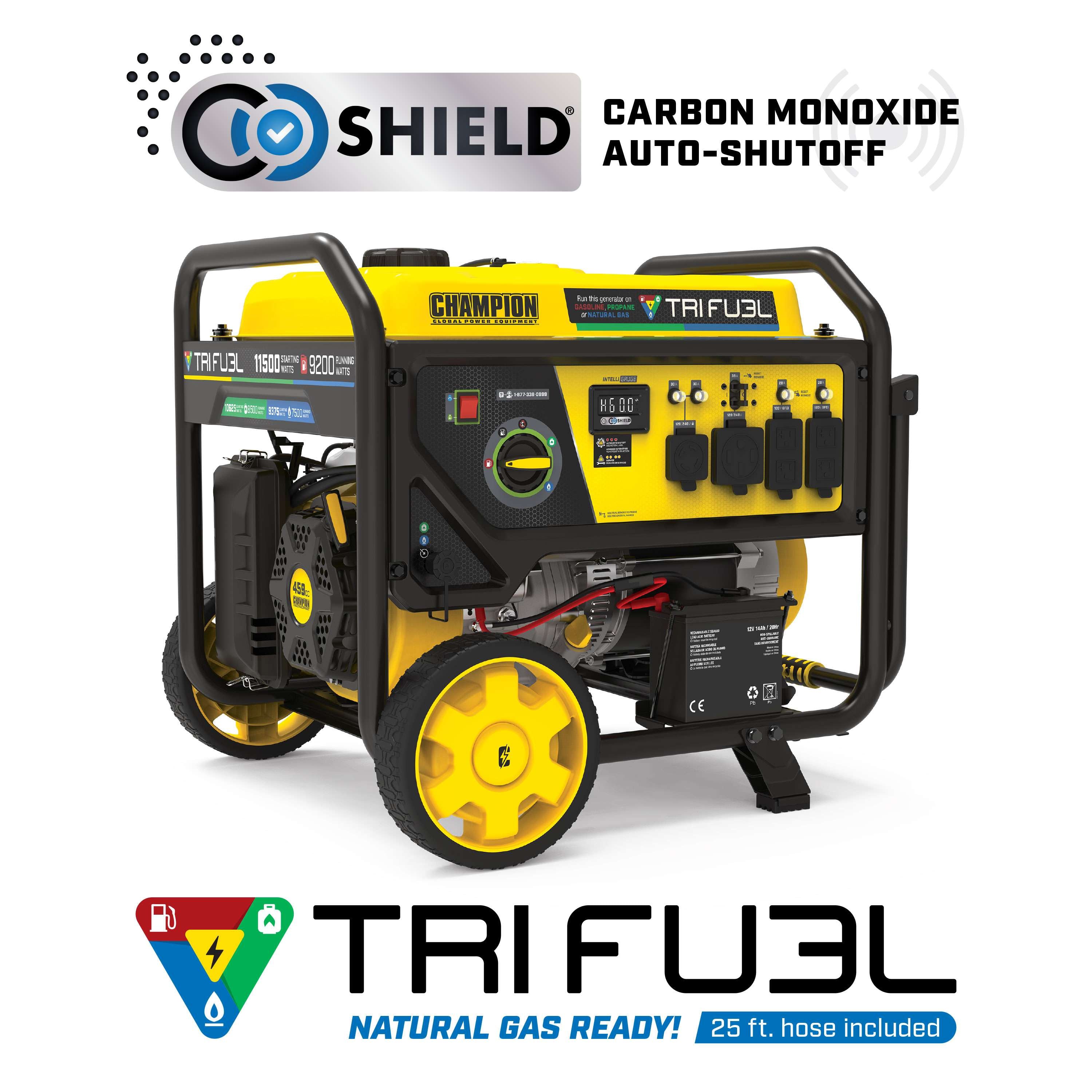 Champion 9200W/11500W Tri-Fuel Portable Generator - Runs on Gasoline, Propane & Natural Gas - 50 Amp CO Shield with Electric Start - Ideal for Home Backup Power, Camping & RV Use