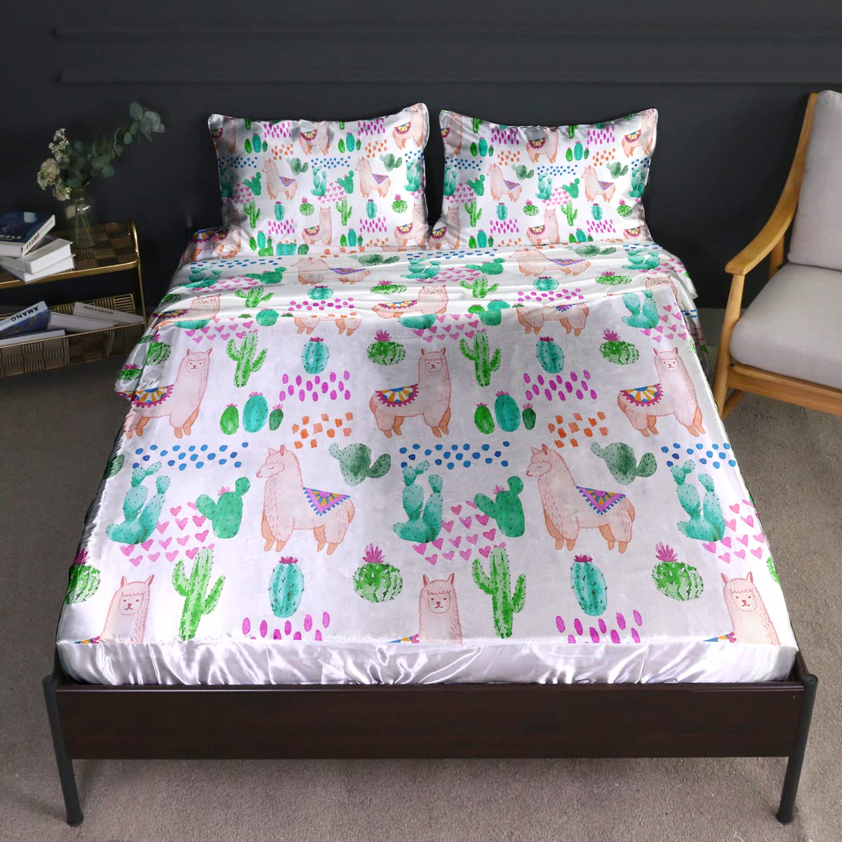 BlessLiving King Size Satin Silk Bedding Set - 4 Piece Llama & Cactus Watercolor Design, Soft Silky Alpaca Print Sheets with Flat & Fitted Sheets | Pastel Animal Theme for Girls Bedroom, Dorm Room Decor