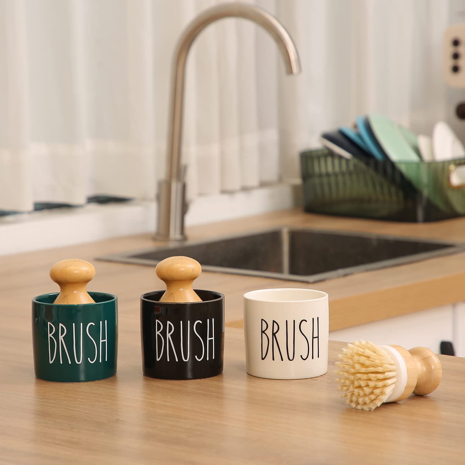 HOMCDALY Bamboo Dish Brush with Ceramic Holder - Eco-Friendly Kitchen Scrub Brush for Washing Dishes - Dishwashing Brush Set with Storage - Perfect for Daily Kitchen Cleaning & Sustainable Home Use (White)
