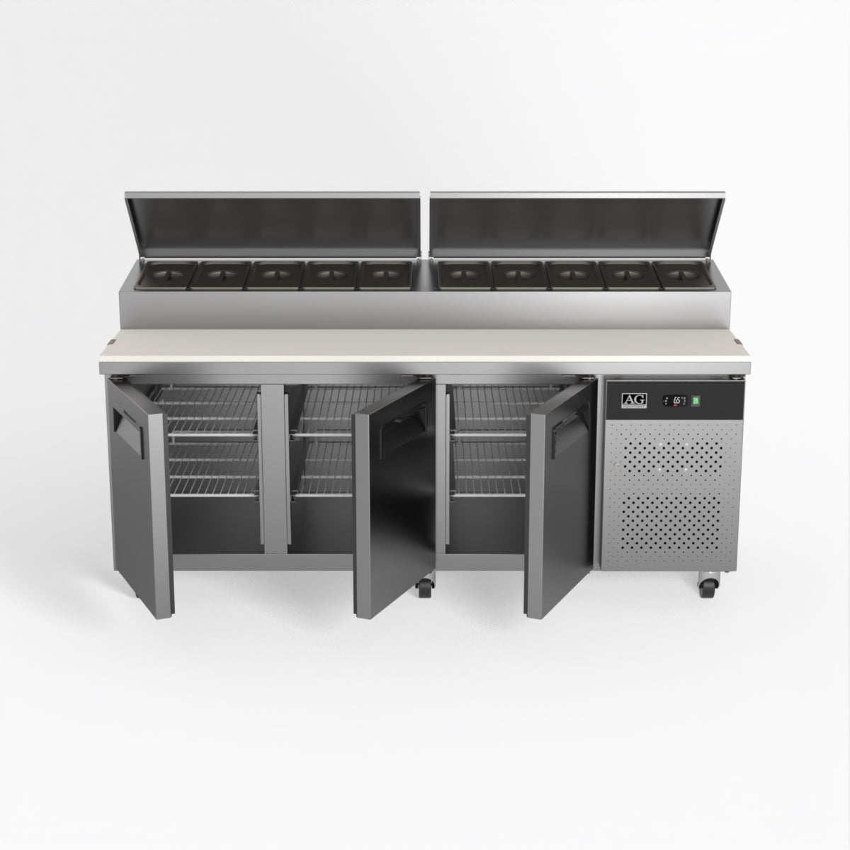AG 3 Door Commercial Saladette Refrigerator - Holds 10 x 1/3 GN Trays - Perfect for Restaurants, Delis & Catering Businesses