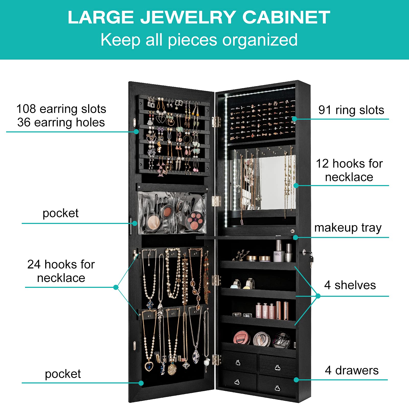 Charmaid LED Lighted Jewelry Armoire with Full Length Mirror - 47.2
