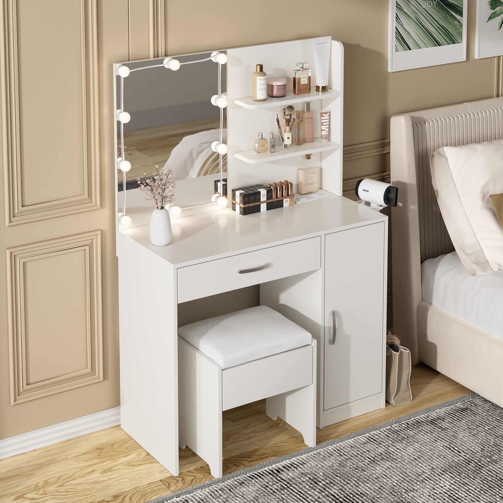 Lighted Makeup Vanity Desk with Mirror & Power Outlet - 35