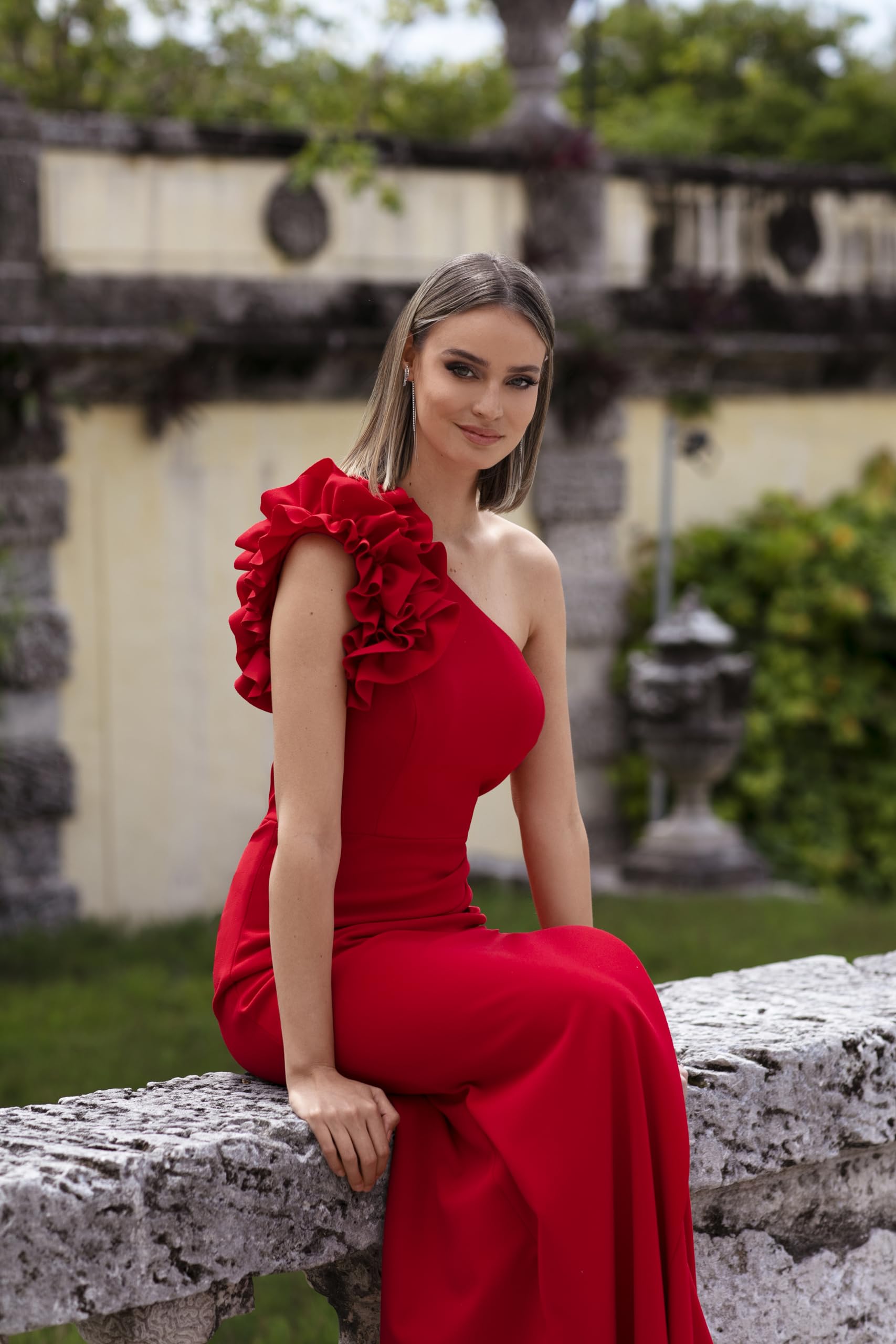Xscape Women's Long One Shoulder Ruffle Scuba Crepe Dress - Standard & Petite Sizes - Perfect for Evening Parties, Weddings & Special Occasions
