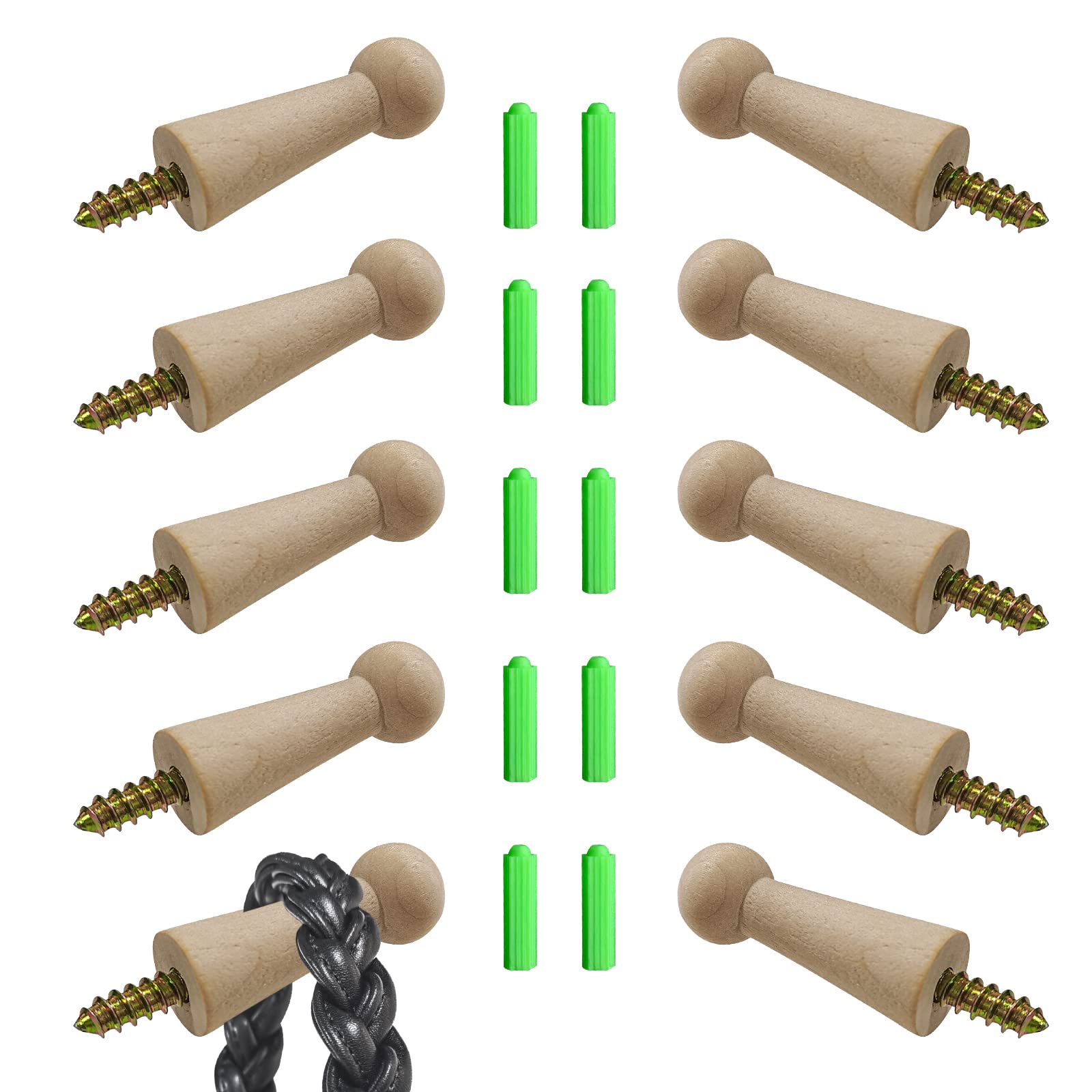 10 Pack Natural Solid Wood Screw-On Hooks - Heavy Duty Coat Hooks, Towel Hooks & Shaker Pegs for Bathroom, Living Room, Closet & Garden Organization (Unfinished Wood) - Perfect for Hanging Robes, Hats, Bags & Outdoor Decor