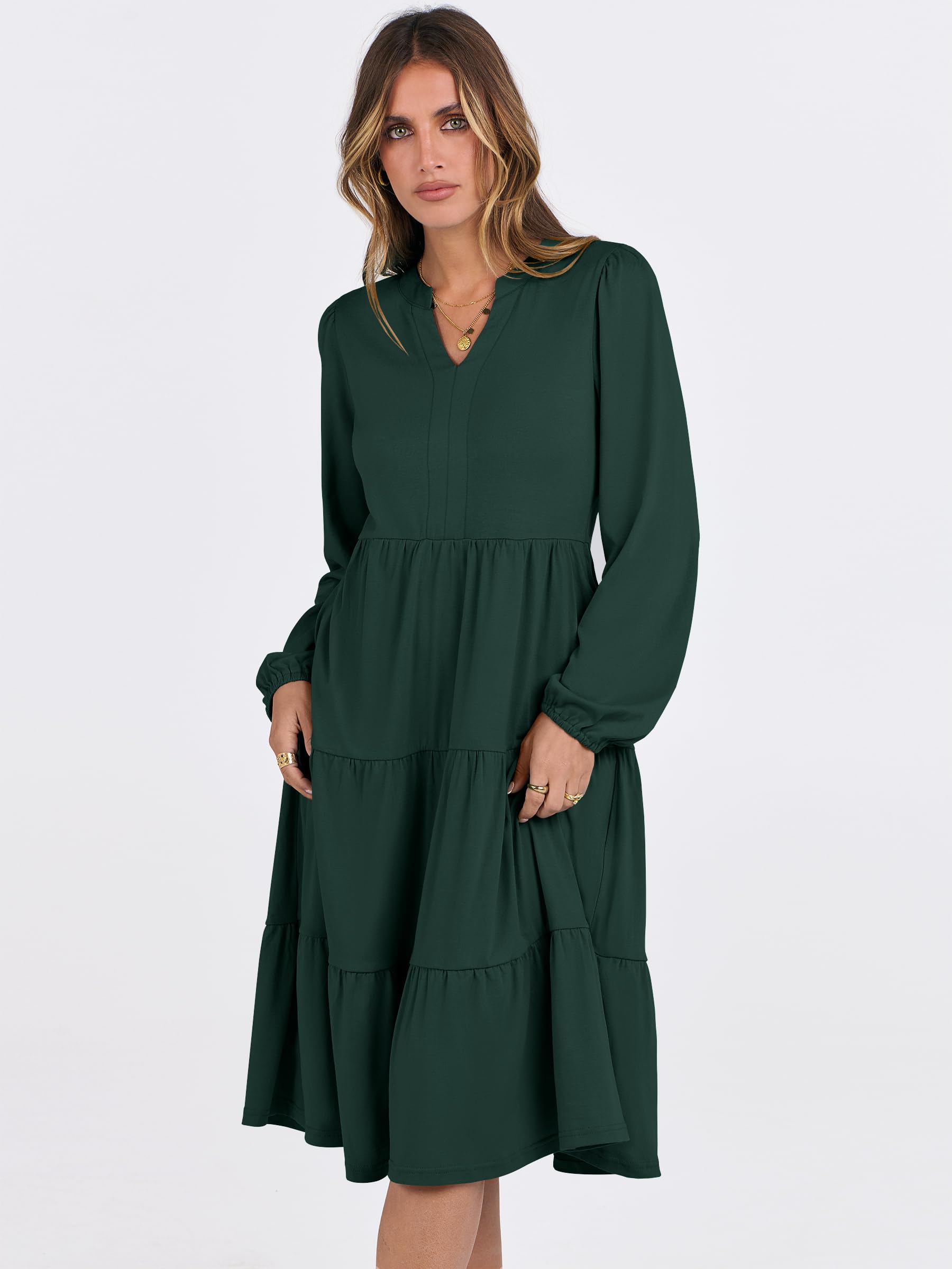 ANRABESS Women's Long Sleeve V-Neck Flowy Swing Dress - Loose Fit Tiered Casual Dress for Spring 2025 | Perfect for Vacation, Beach, Date Night & Everyday Wear