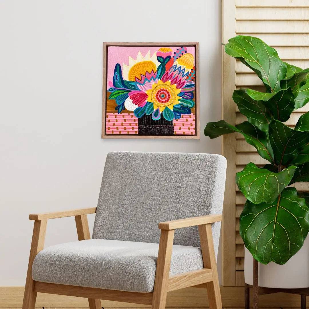 Sunflower & Proteas Original Handmade Painting - Floral Wall Art for Home Decor, Living Room, Bedroom & Office