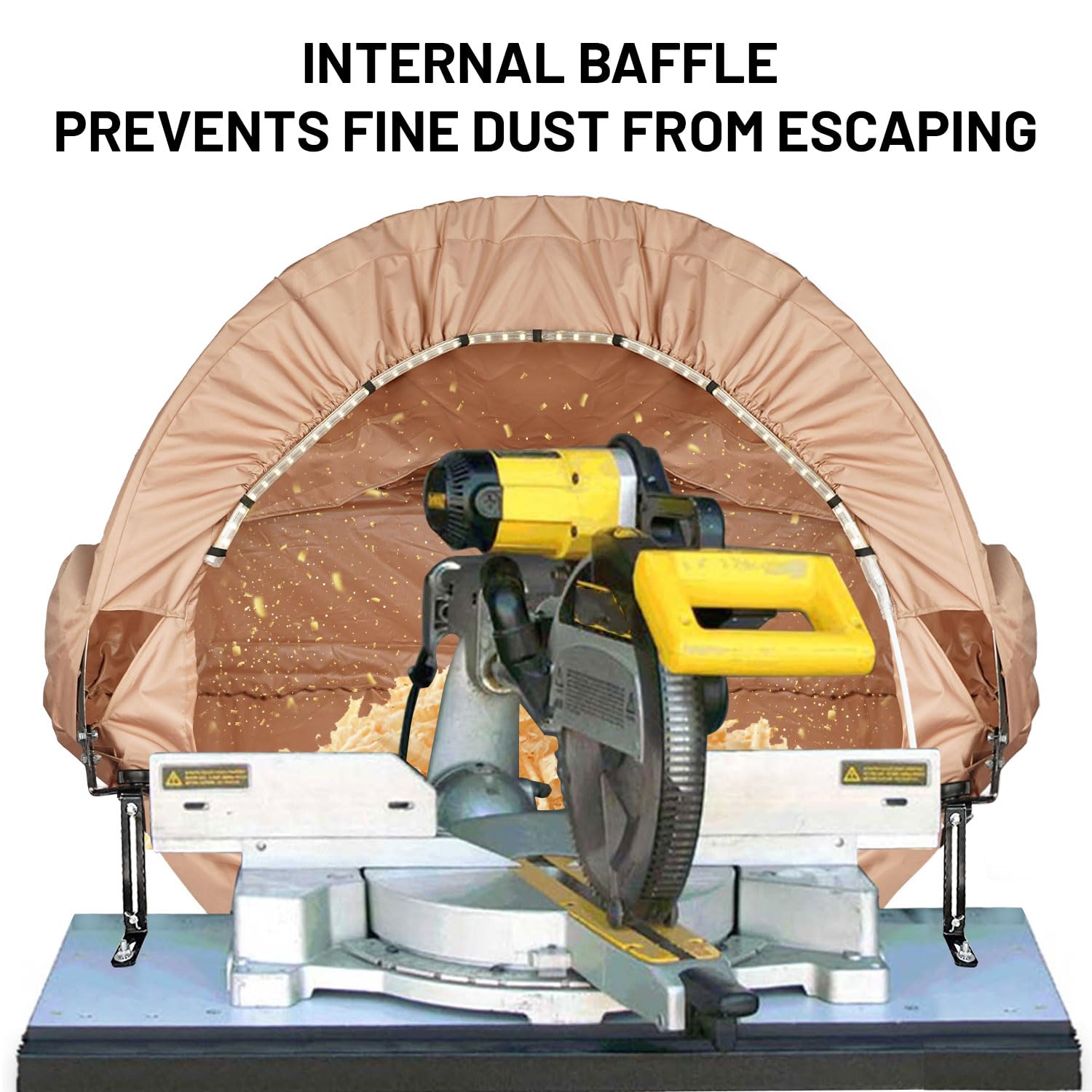 **Miter Saw Dust Collection Hood with LED Light - Universal Dust Solution for Miter Saw Tables - Dust Hood Attachment with Accessory Holes & Storage Bag - Perfect for Woodworking, DIY Projects & Home Renovations (Khaki)**