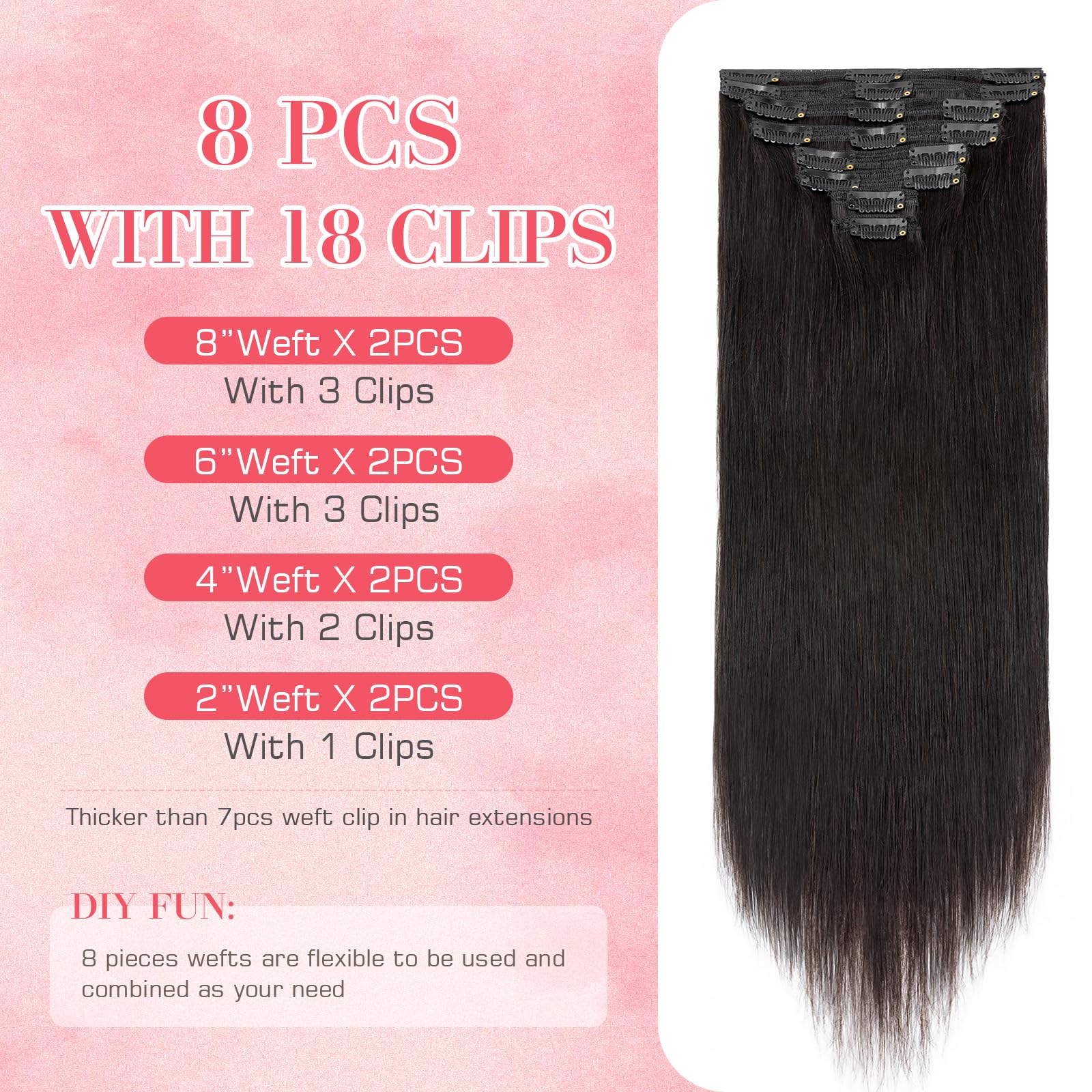 Natural Black Remy Human Hair Clip-In Extensions - 10 Inch Silky Straight Double Weft (8pcs/110g) #1B | Premium Quality Hair Extensions for Women | Perfect for Daily Wear, Parties & Special Occasions