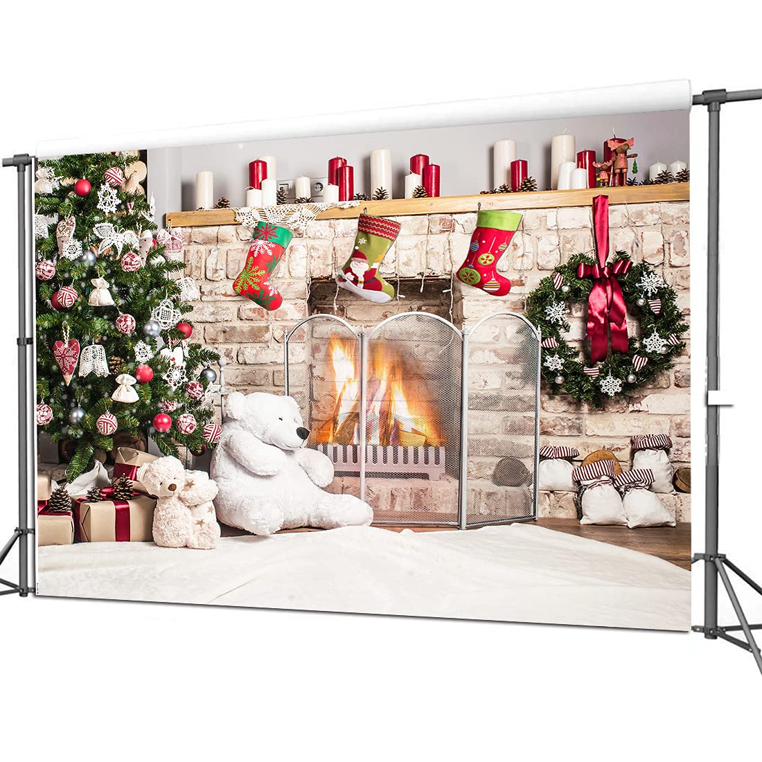 7x5ft Christmas Backdrop - Fireplace with White Brick & Bear for Kids Studio Photography