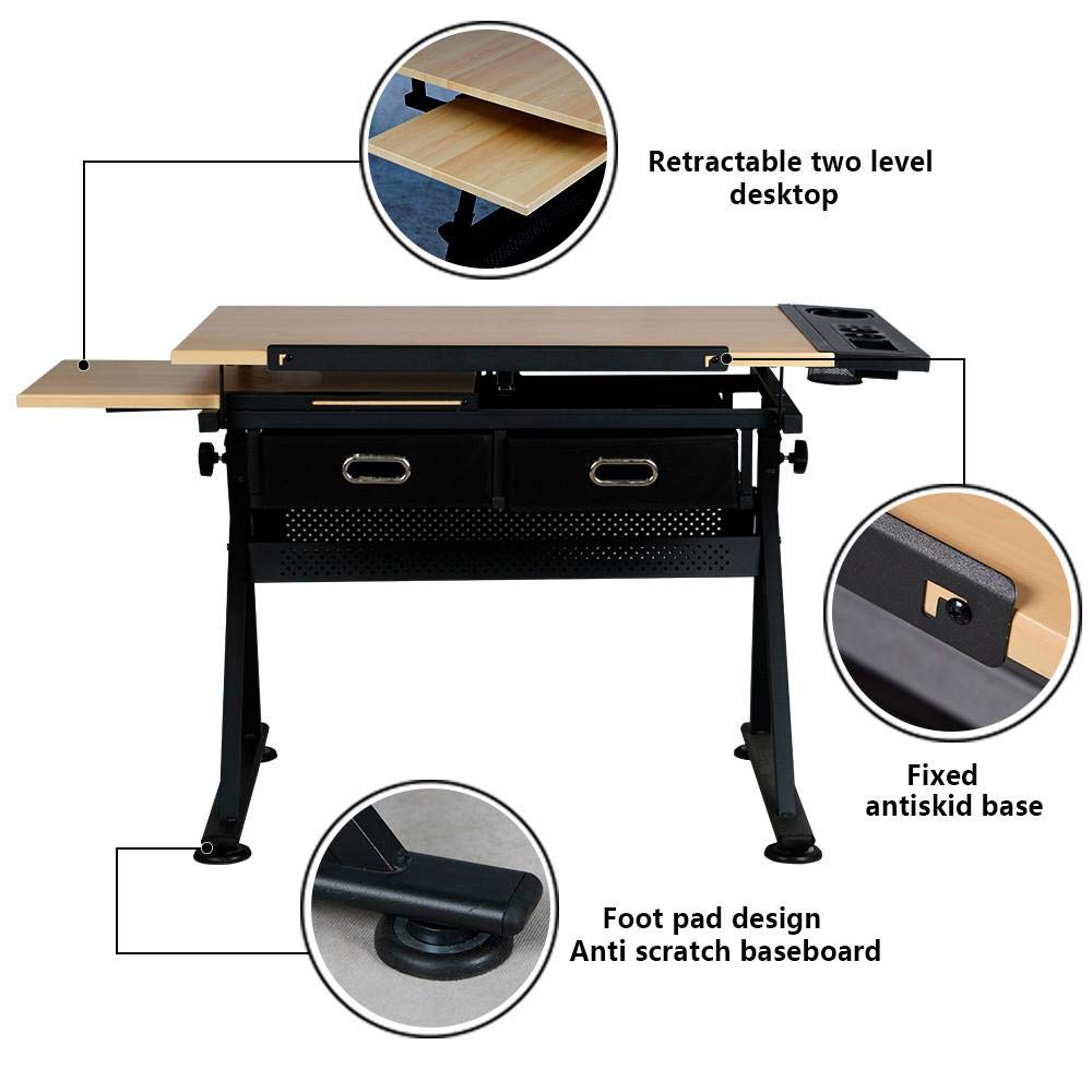 Adjustable Height Drafting Table with Tiltable Tabletop - Ergonomic Drawing Desk for Artists, Painters & Students - Includes Stool - Perfect for Sketching, Painting & Crafting at Home or Studio