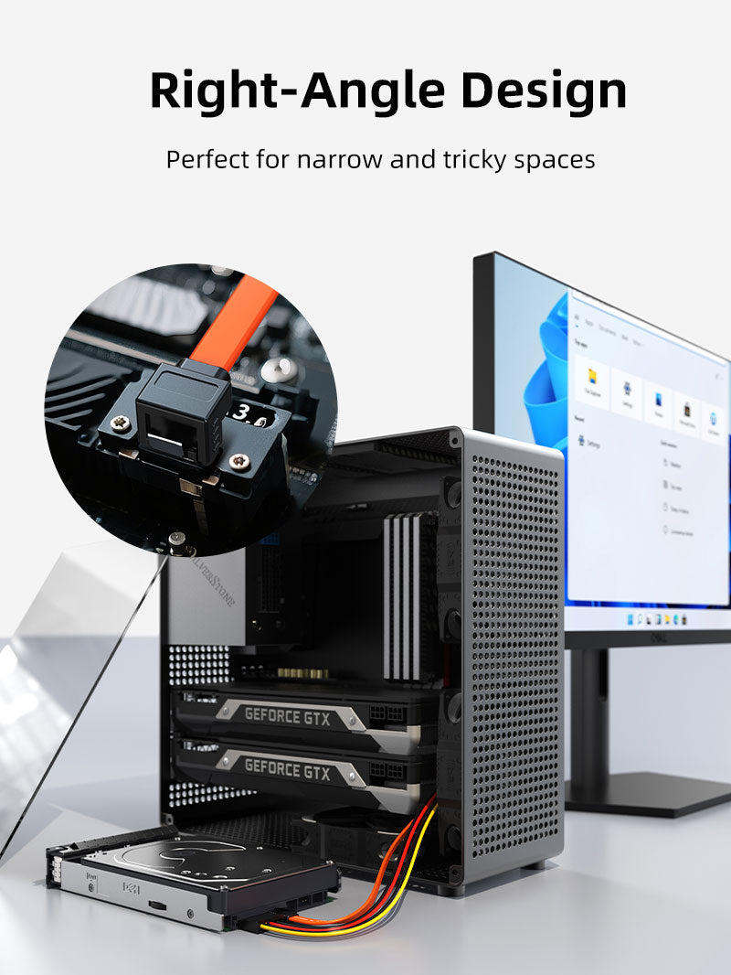 Right Angle SATA III Cable 6Gbps - 90 Degree SATA Data Cable for HDD SSD Hard Drive - High Speed SATA 3.0 Cable for PC, Laptop, Gaming Rig, and External Storage Setup