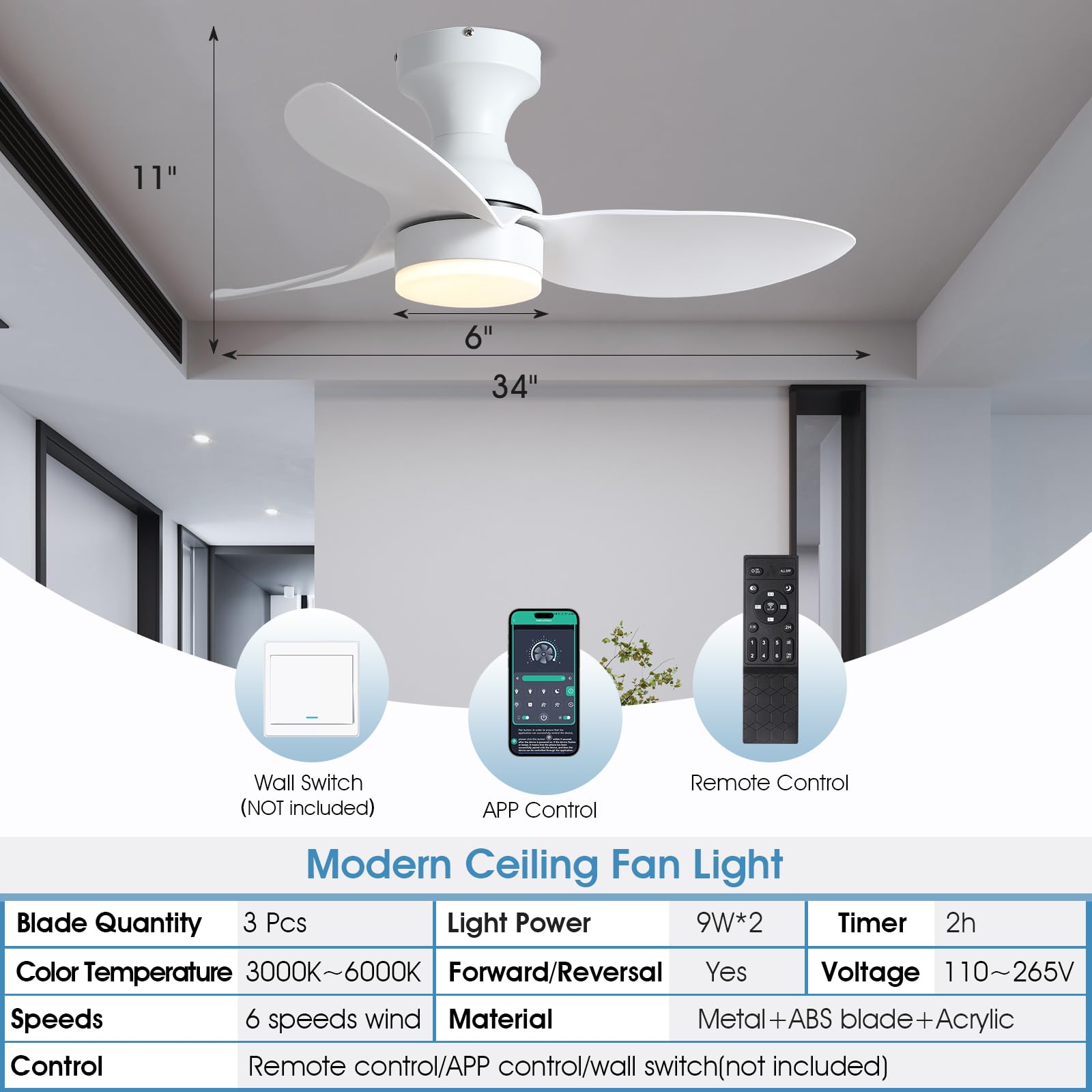 Surtime 34-inch Low Profile Flush Mount Ceiling Fan with Light, Remote & APP Control - 6 Speed Reversible, Dimmable 3-Color LED - Perfect for Outdoor Patio, Small Room, Bedroom, Living Room & Office