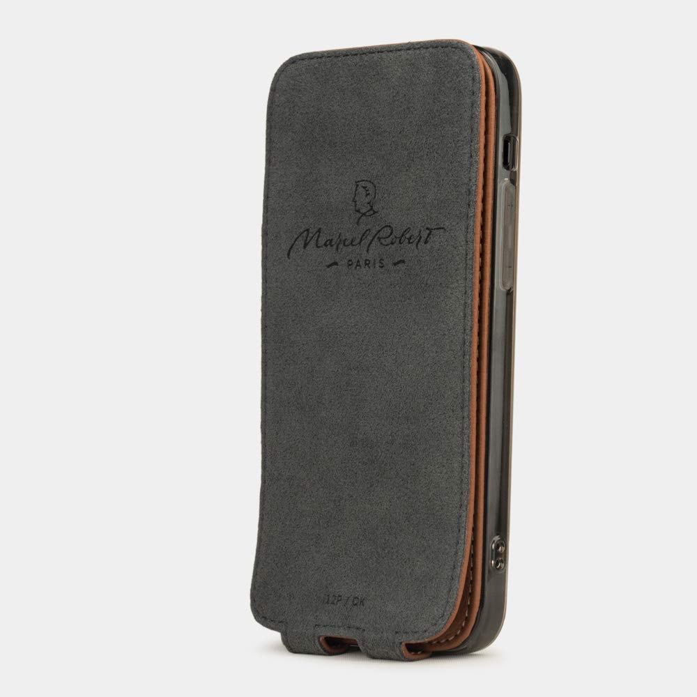 Premium Genuine Leather Flip Case for iPhone 12 Pro Max - Patented Design - Handcrafted in France - Caramel Brown - Perfect for Business & Travel Protection