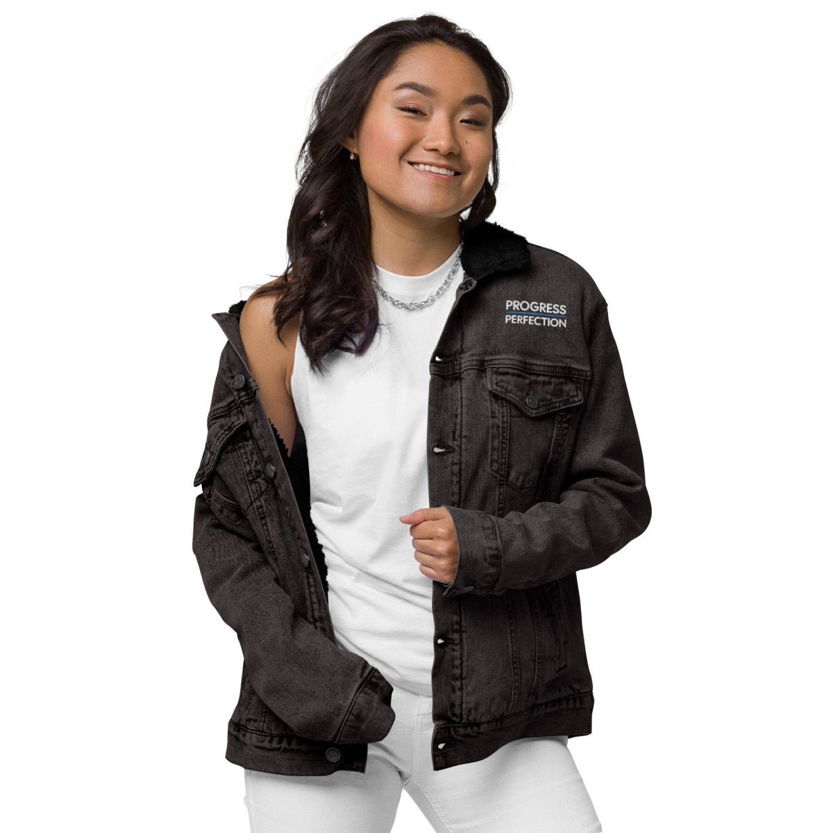 Progress Over Perfection Embroidered Unisex Denim Sherpa Jacket - Cozy Winter Outerwear for Men & Women | Perfect for Casual Outings, Camping & Outdoor Adventures