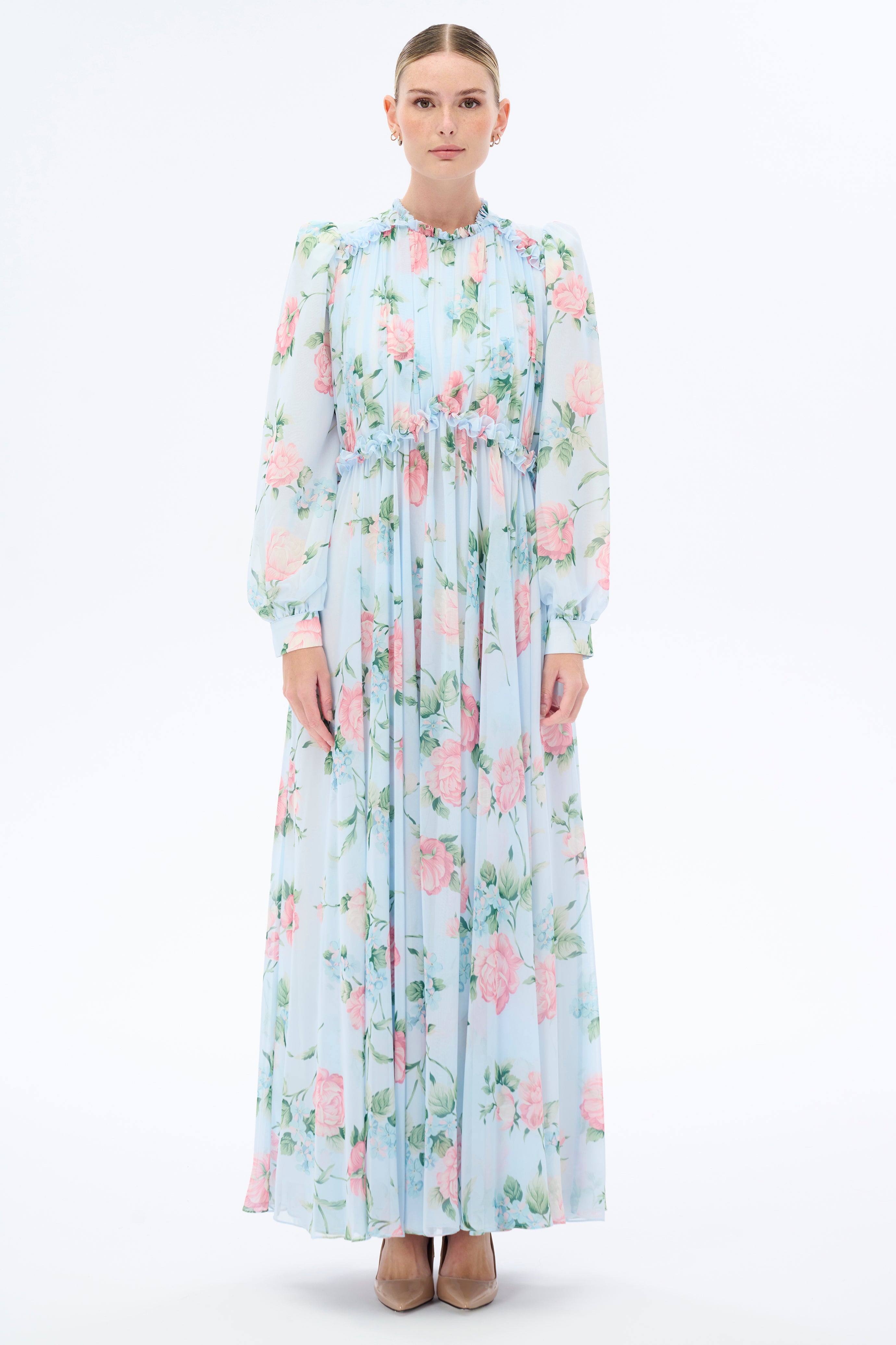 Elegant Floral Long Sleeve Maxi Dress for Women | Boho Chic Morning Blues Dress | Perfect for Spring Weddings, Beach Vacations & Date Nights