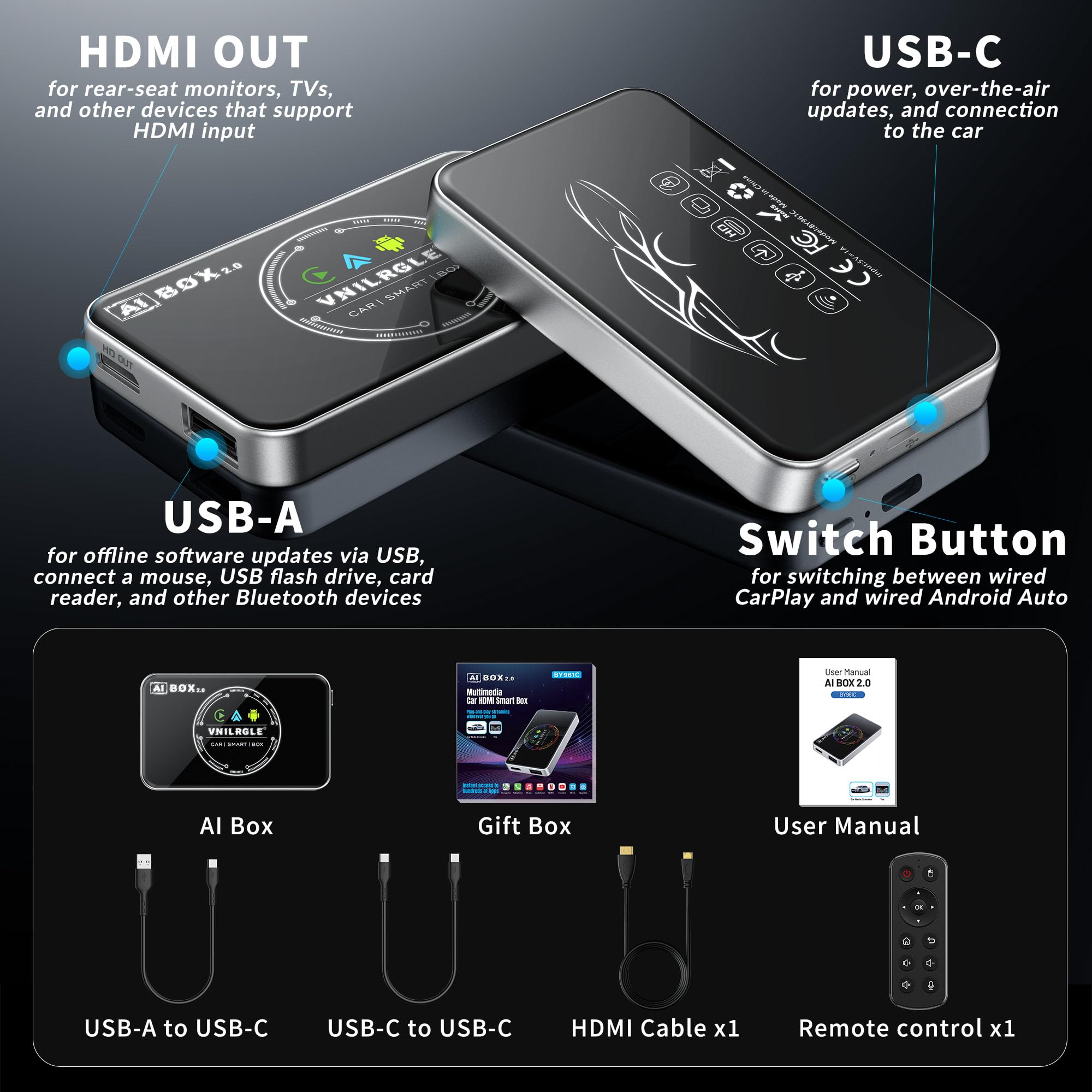 4-in-1 Wireless CarPlay & Android Auto Adapter - Stream Netflix, YouTube & More - Split Screen & Mirroring - Compatible with OEM Wired CarPlay/Android Auto Cars - Perfect for Road Trips & In-Car Entertainment