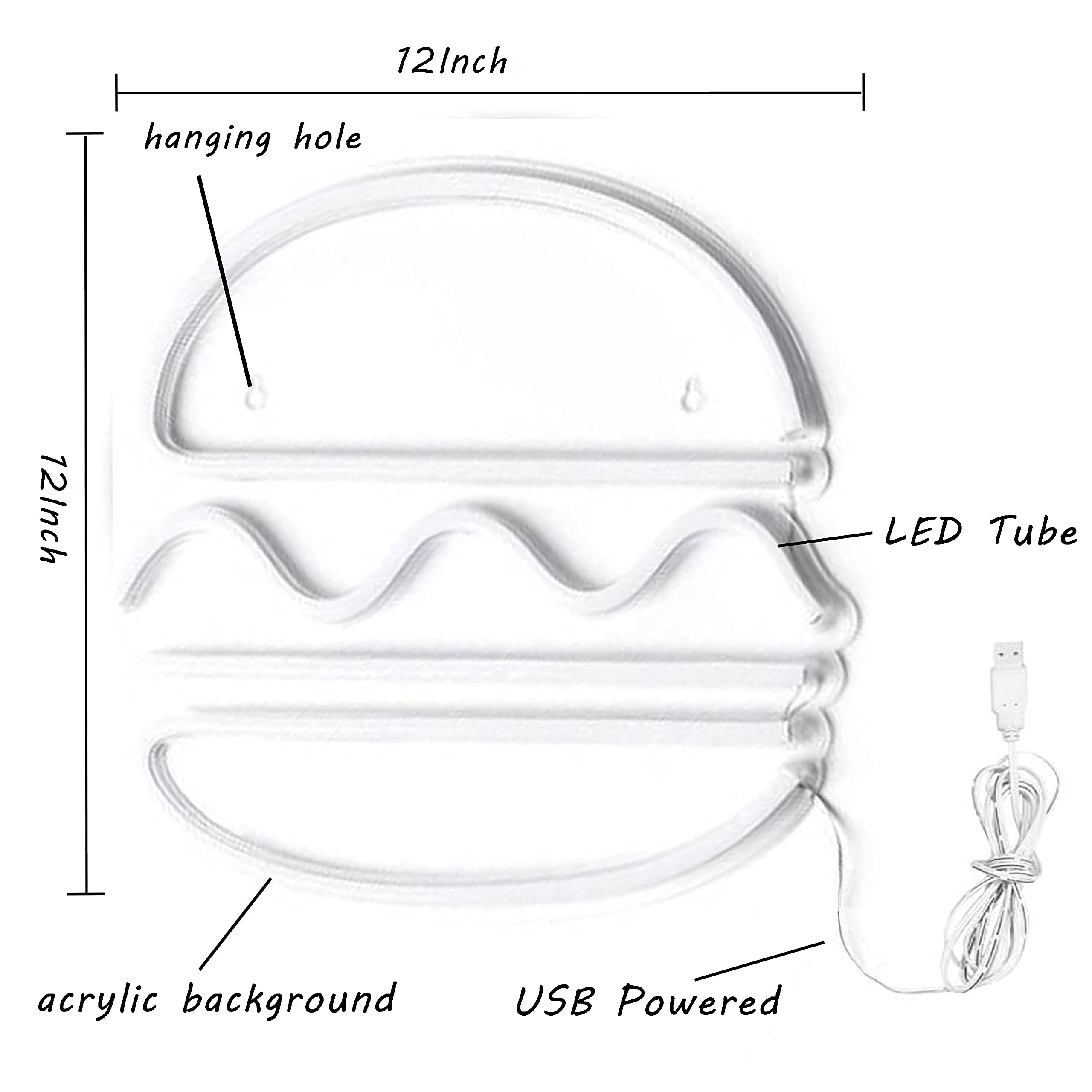 LED Hamburger Neon Sign - USB Wall Light for Home & Party Decor