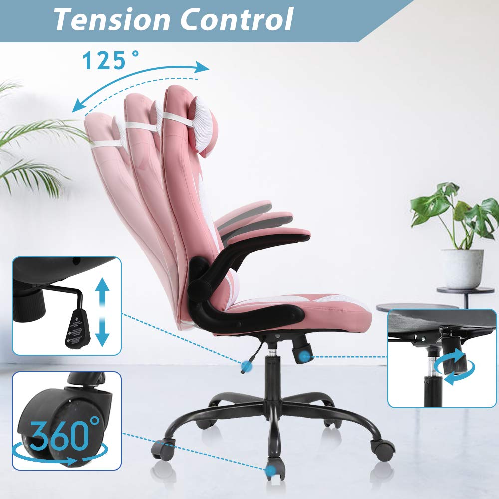 Ergonomic Gaming Chair with Headrest & Lumbar Support - High Back PU Leather Racing Style Computer Chair with Flip-up Arms, Adjustable Height - Perfect for PC Gaming, Home Office & Esports (Pink)