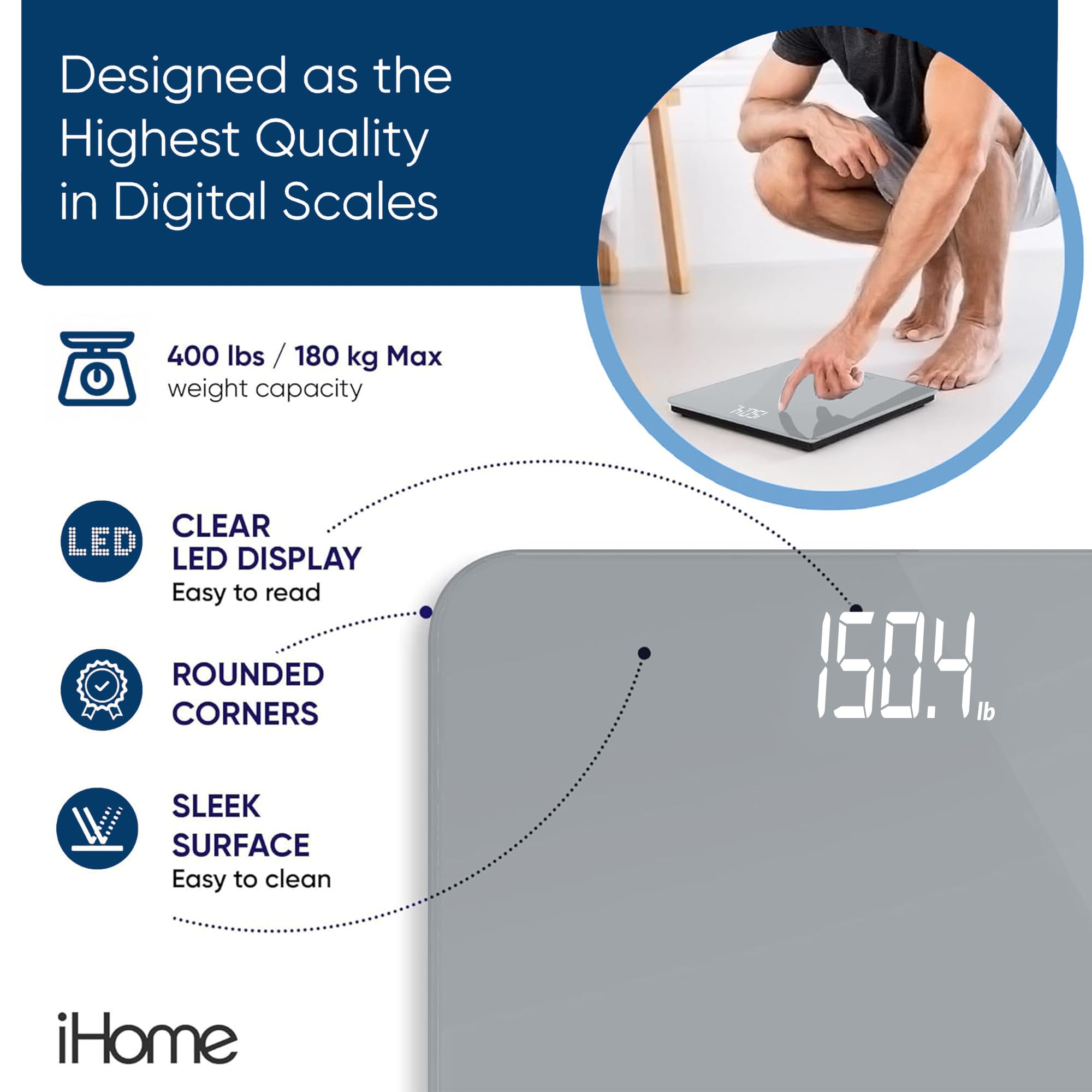 iHome Digital Bathroom Scale with Batteries Included - Accurate Body Weight Measurement in Grey - Perfect for Home, Gym, and Health Tracking