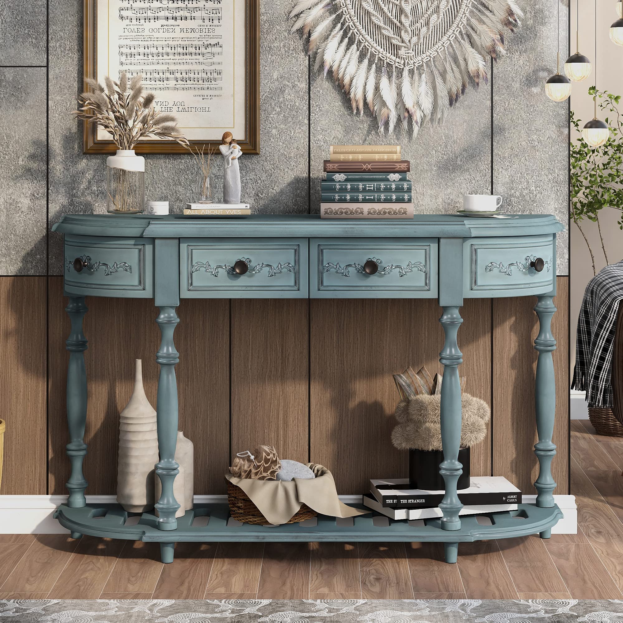 Vintage Round Entryway Console Table with 4 Drawers & Bottom Shelf - Retro Curved Sofa Table for Hallway, Living Room & Foyer - Antique Style Storage Sideboard for Home Decor & Organization