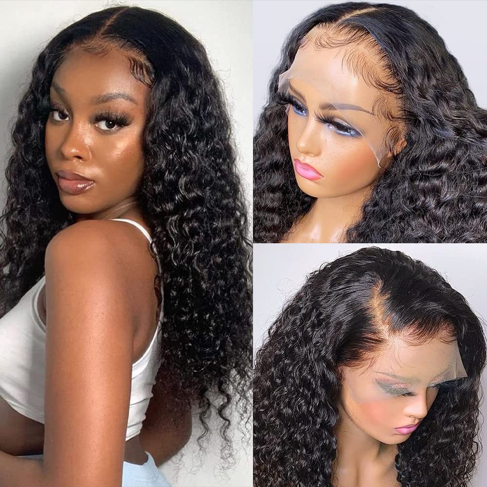 Pizazz 220% Density Deep Wave Human Hair Wigs for Black Women - 13x4 Glueless HD Transparent Lace Front Wig with Baby Hair - Natural Color 16 Inch - Perfect for Daily Wear, Parties & Special Occasions