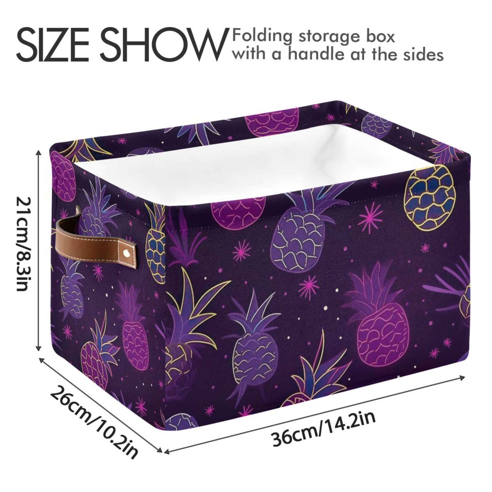 Foldable Canvas Storage Baskets with Handles - 2 Pack Rectangle Pineapple Design Fabric Organizer for Clothes, Home & Office Organization - Perfect for Closet Shelves, Bedroom Decor and Seasonal Storage