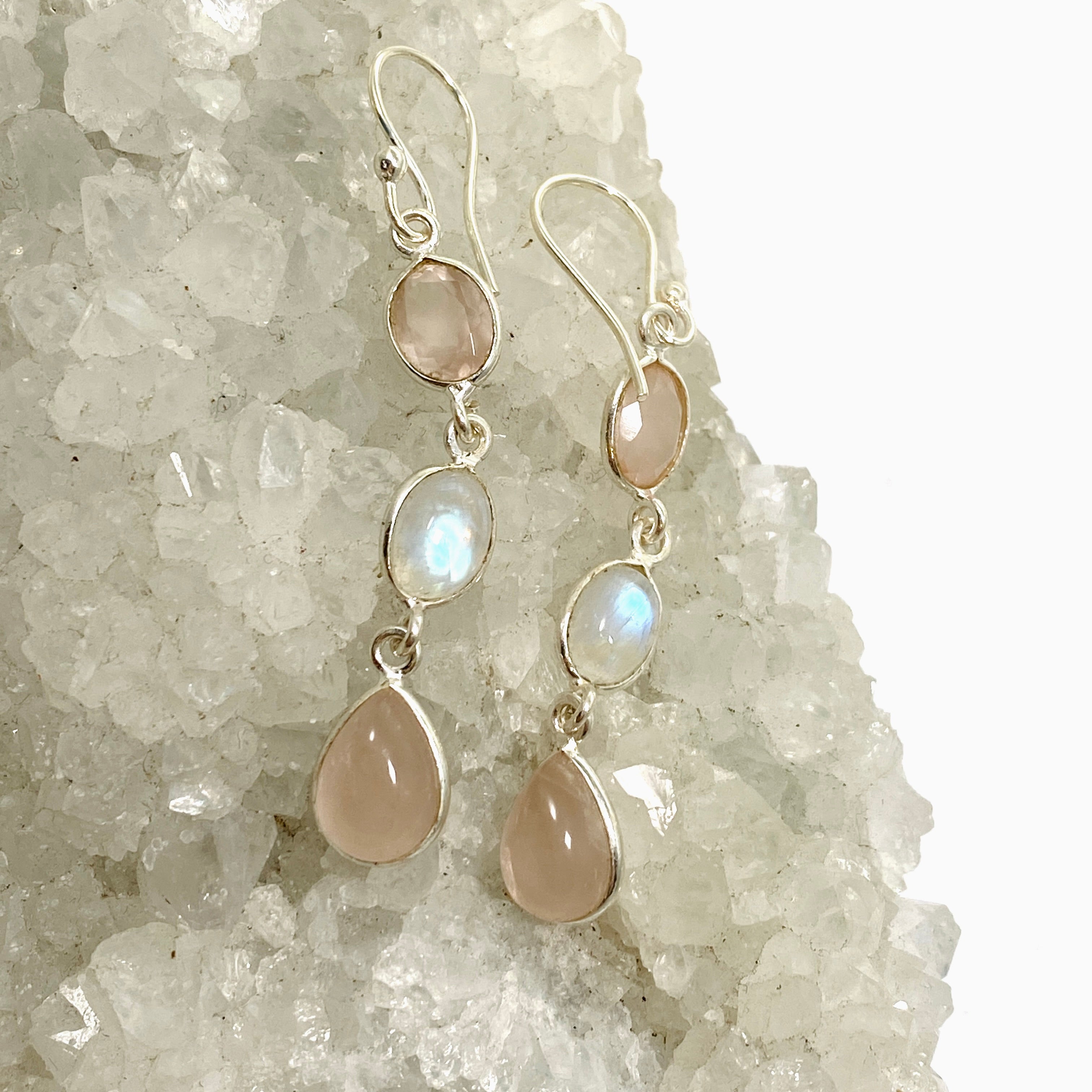 Rose Quartz and Moonstone Multi-Stone Earrings F191 - Elegant Healing Crystal Jewelry for Women, Perfect for Meditation, Yoga & Spiritual Gifts